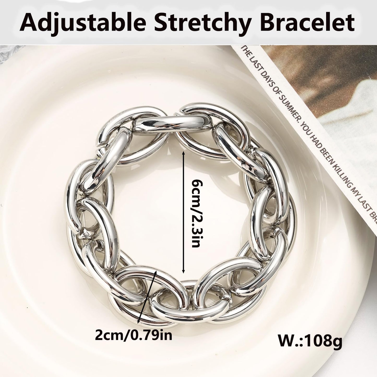 WZJLY Chunky Gold Bracelet for Women Non Tarnish, Trendy Stretch Cuban Link Chain Plated Gold Bangle Bracelets (O-Chain-Silver)