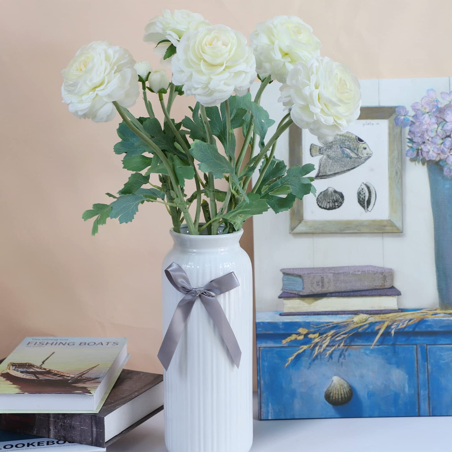 GLSATEMAN Artificial Ranunculus Long Stem Buttercup Silk Flowers 6pcs for Home Decor and Wedding Decorations(White 1)