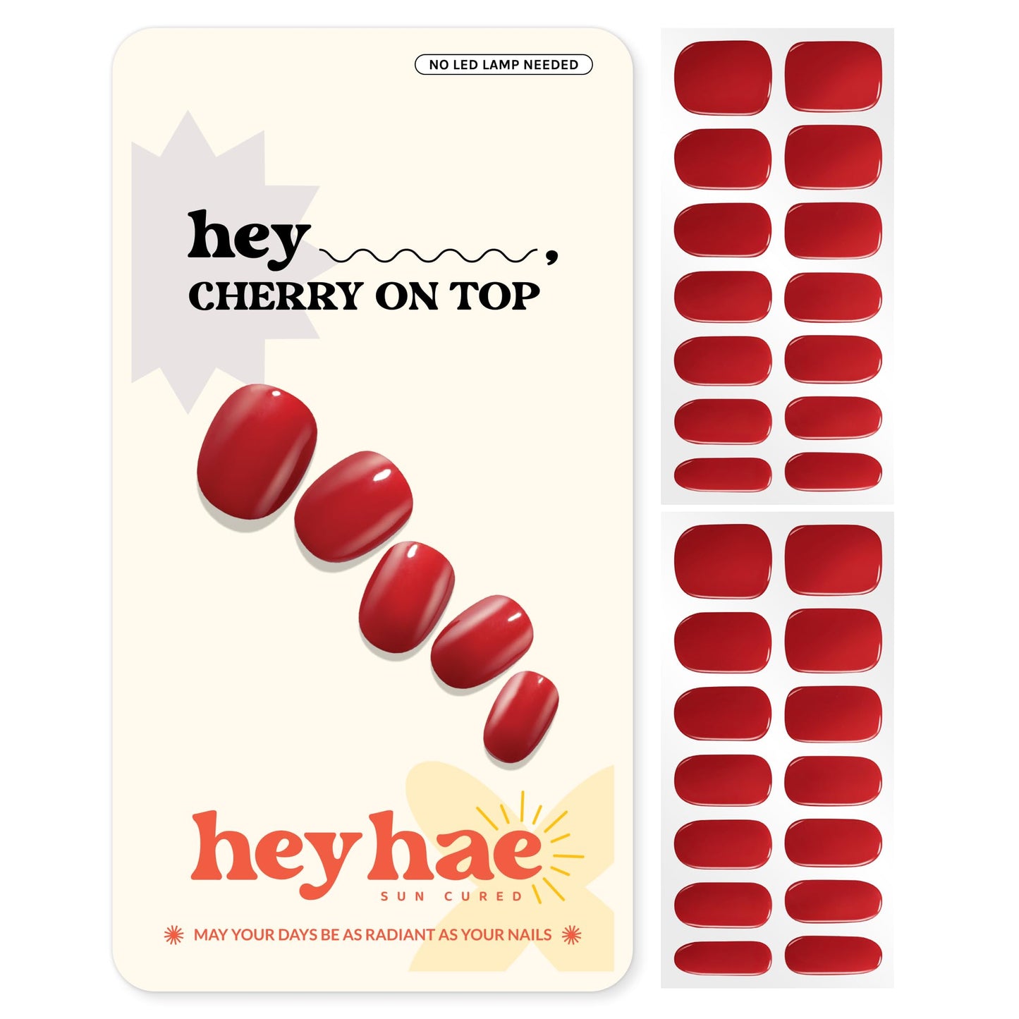 Heyhae Semi Cured Gel Nail Strips | No LED Lamp Needed | Solid, Red | Easy Apply & Remove, Salon Quality | Includes 28 Strips, 1 Prep Pads, Nail File & Wooden stick - Hey, Cherry on Top