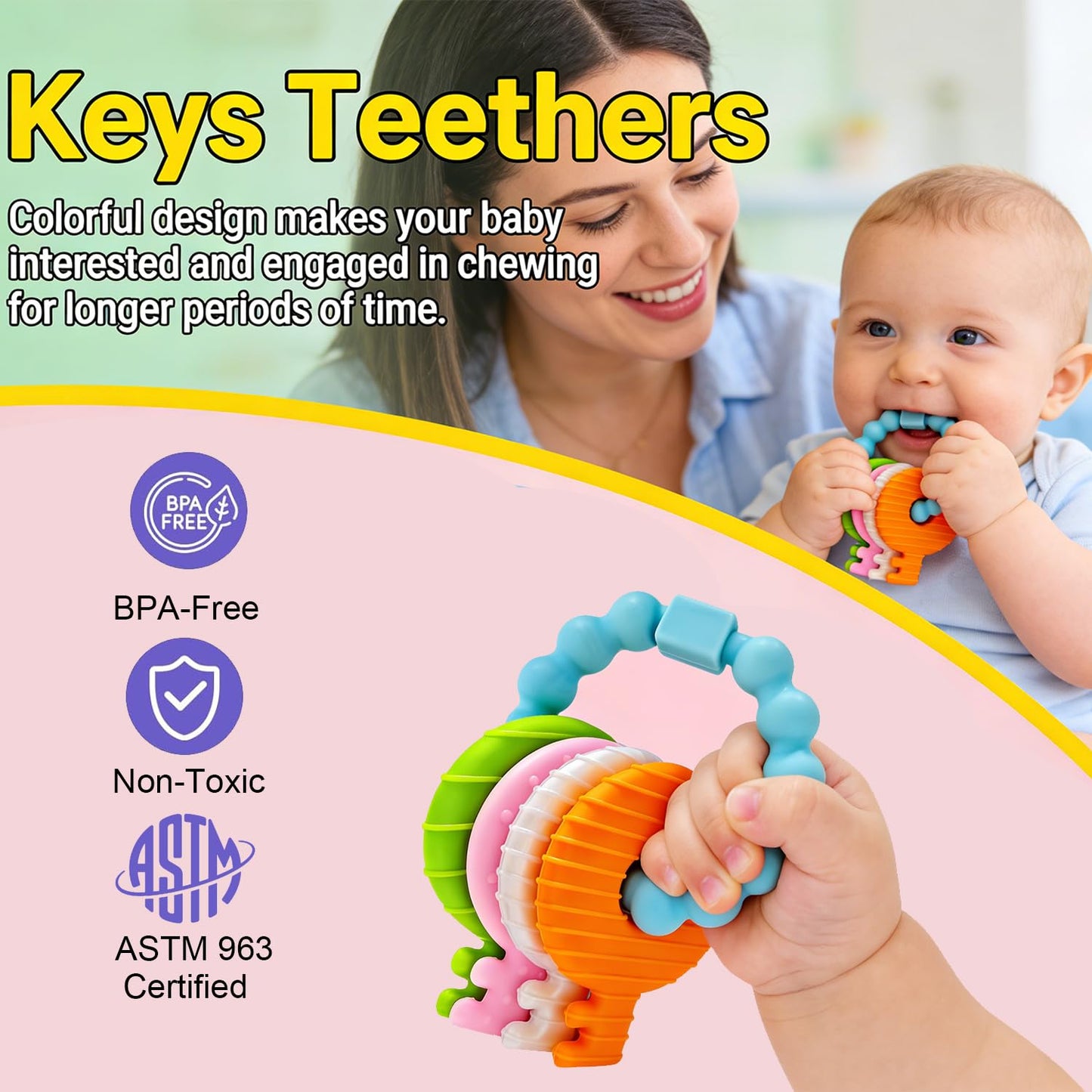 YAPROMO Baby Silicone Teething Keys Toy, Cute Key Ring Shape Chew Toy, Perfect First Easter Basket Stuffers for Babies 3-18 Months