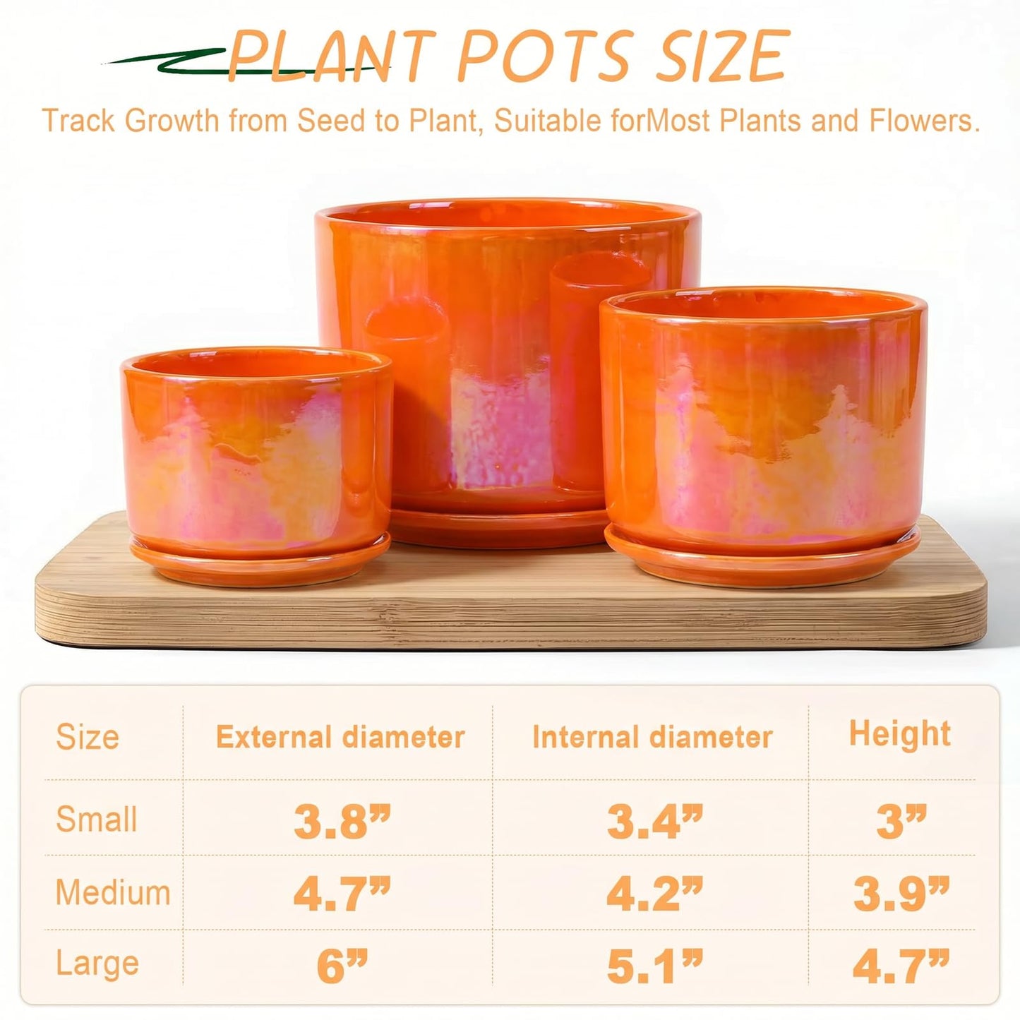 EFISPSS Ceramic Plant Pots,4+5+6 Inch Ceramic Indoor Pots for Plants with Drainage Hole,for Succulent Cactus,Pothos,Snake Plant Gift for Plant Lovers Set of 3 - Orange Pearl Glaze Plant Pots