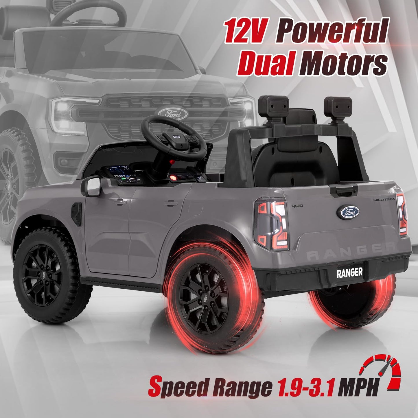 Licensed Ford Ranger Ride on Car for Kids by OLAKIDS, 12V Electric Vehicle Truck with Remote Control, Toddlers Battery Powered Toy with 2 Speeds Wheels Suspension Storage Space Bluetooth USB (Gray)