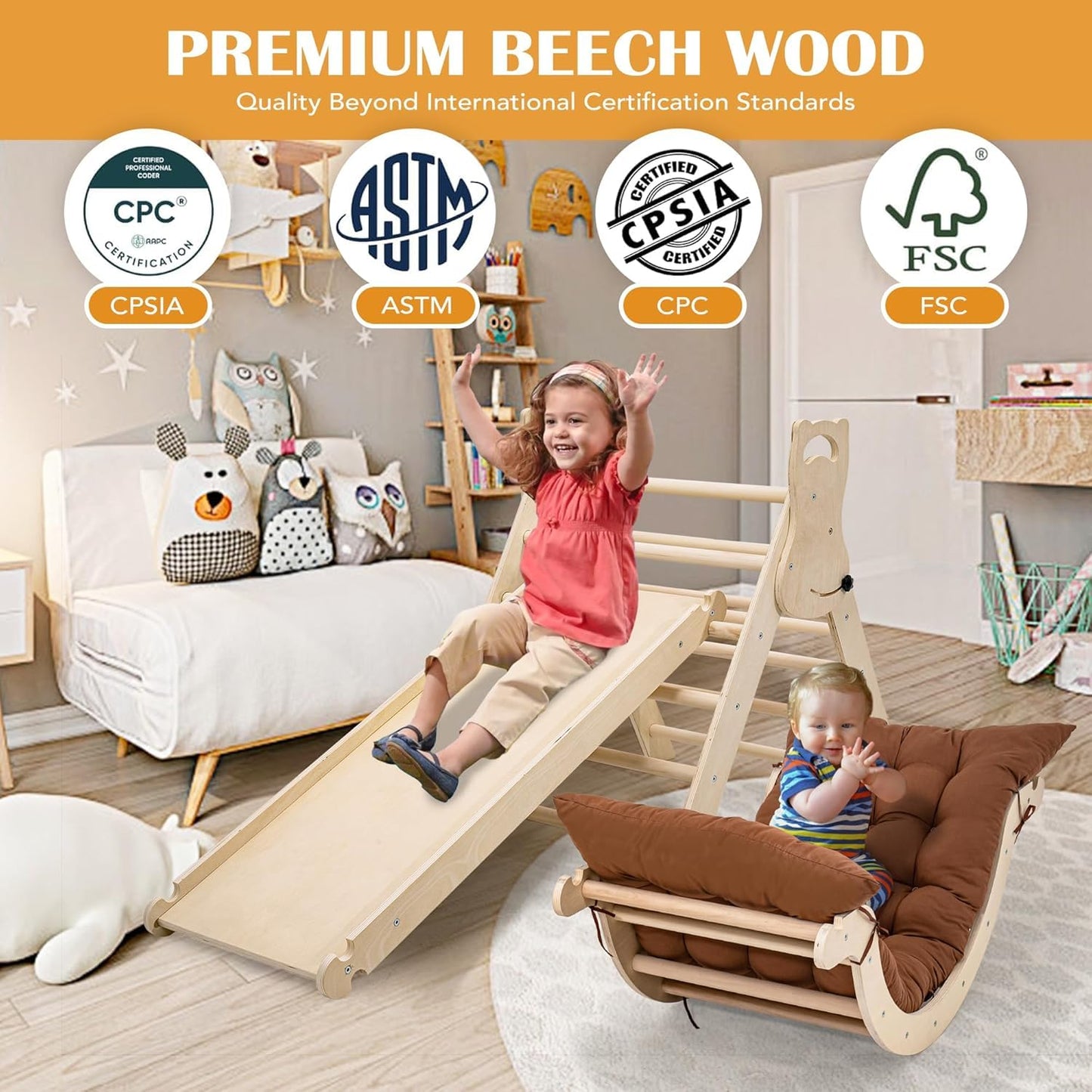 INNOPLAY Large Foldable Toddler Climbing Toys Indoor Jungle Gym, Pikler Triangle Set with Cushion, S-lide and Arch, 7-in-1 Montessori Climbing Set(1.5-6yrs)