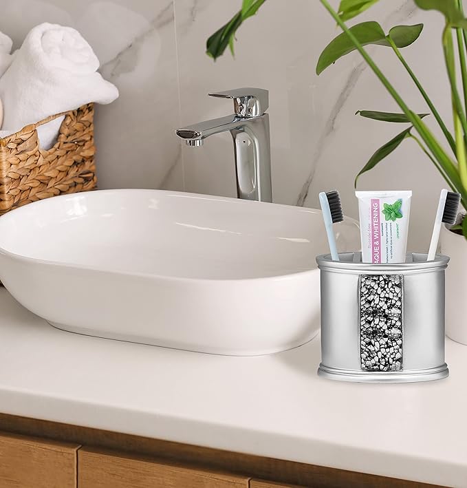 Zahari Home Sinatra Bath Tooth Brush Holder Modern Tooth Brush and Toothpaste Holder, Silver