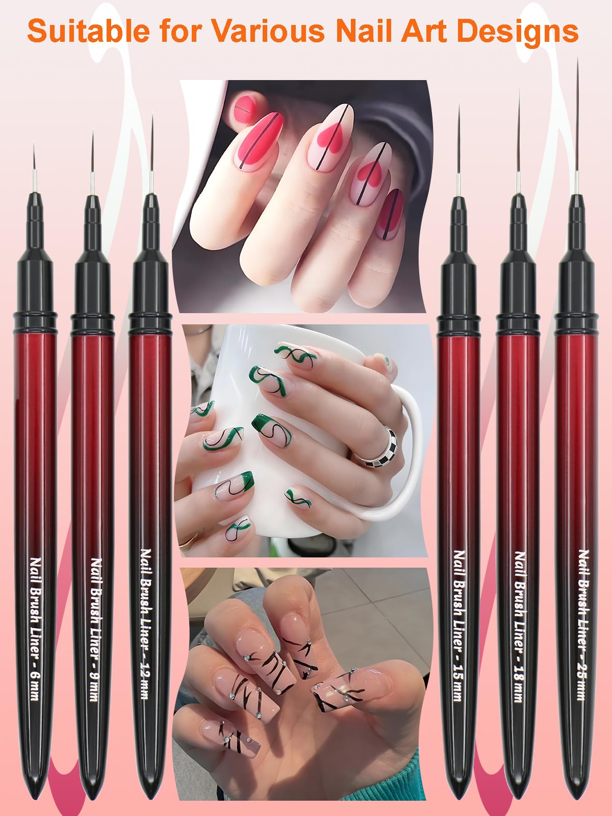 MYR 6Pcs Metal Nail Art Brushes and 2Pcs Nano Nail Files, including 6/9/12/15/18/25mm Nail Art Liner Brushes suitable for Creating Lines, Ripples, Grid Patterns, and Intricate Designs on the Nail Tips