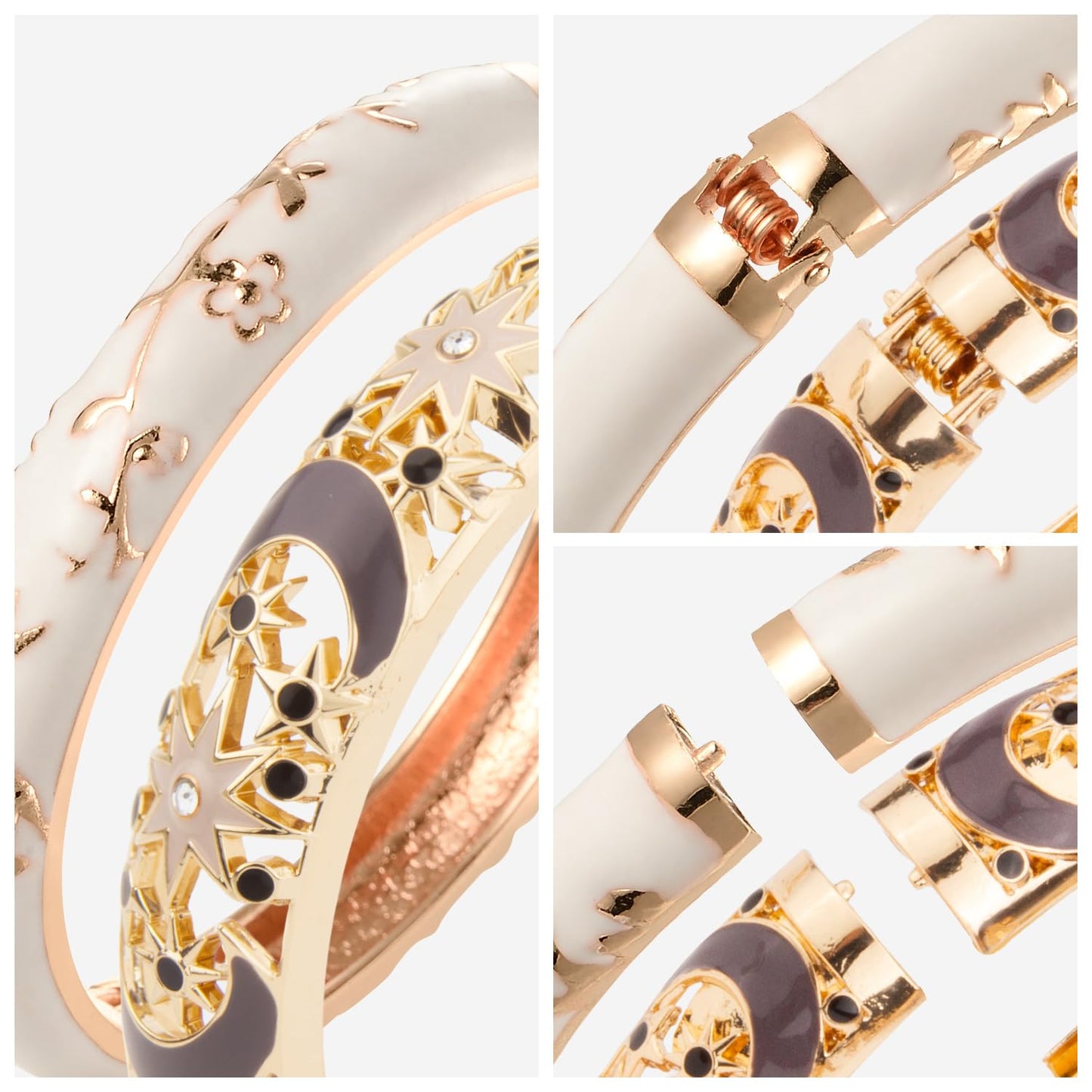 UJOY Vintage Jewelry Cloisonne Handcrafted Enameled Gorgeous Rhinestone Gold Hinged Cuff Bracelet Bangles Gifts 88N01-55A117 Grey White
