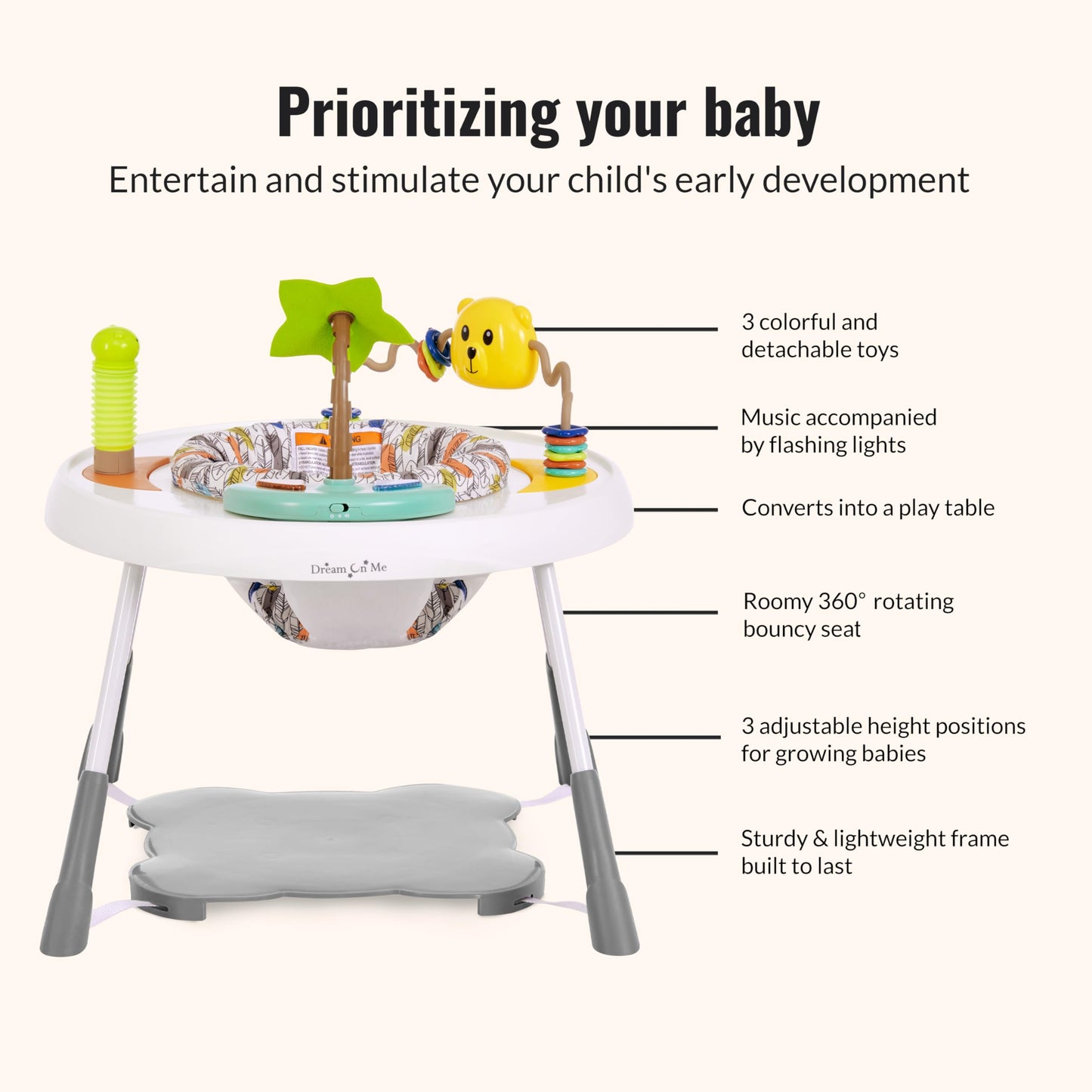 Dream On Me Curio Sit N Seek Baby Activity Center in Mint, 2 in 1 Activity Center and Play Table with 3 Detachable Toys and Music, 3 Level Height Adjustable Positions