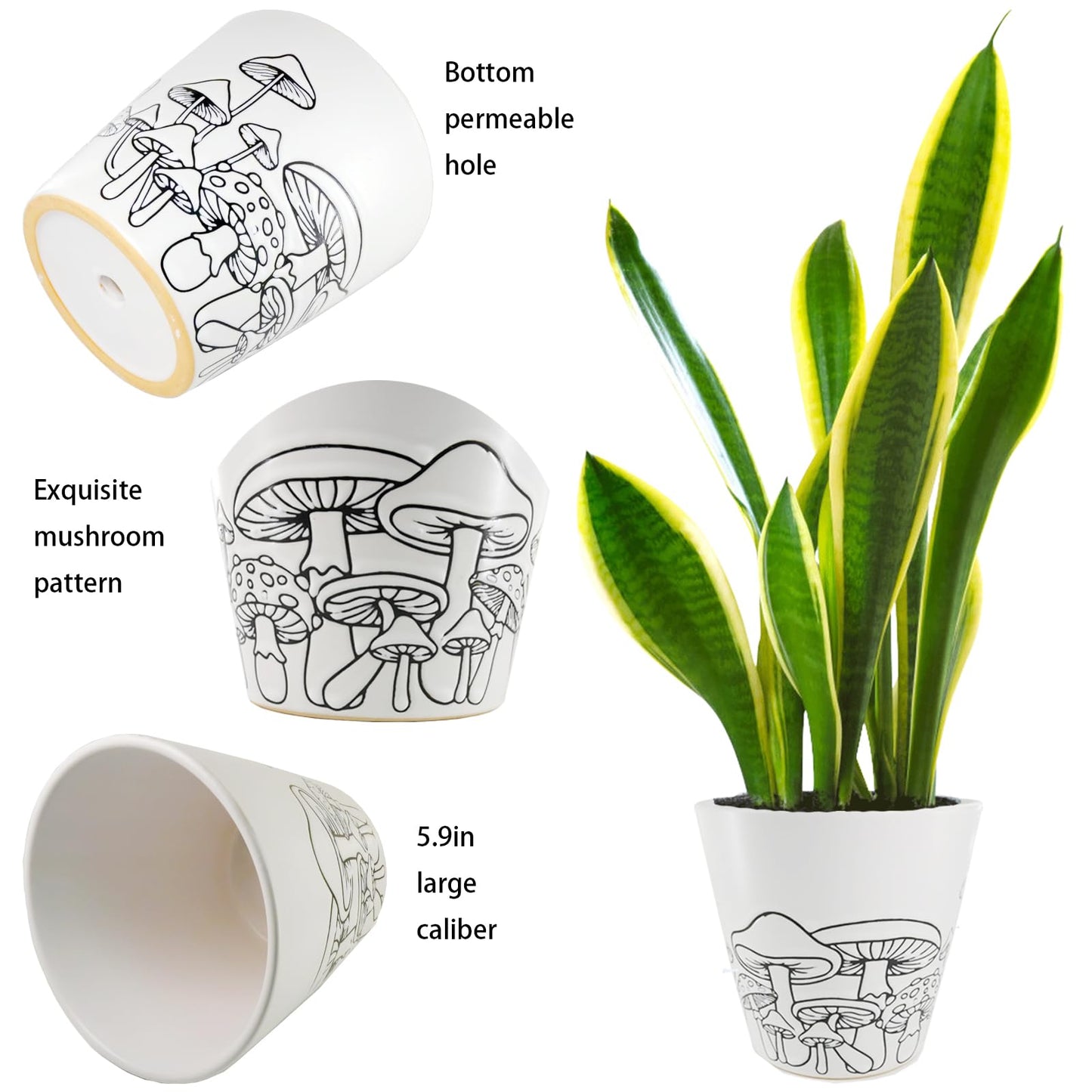 Mushroom Planter，5.5in Unique Ceramic Flower Pot with Permeable Tray，Large Caliber Indoor Flowerpot with Mushroom Relief Sculpture，Creative Planters for Housewarming Gifts and Home Decor (2 piece)