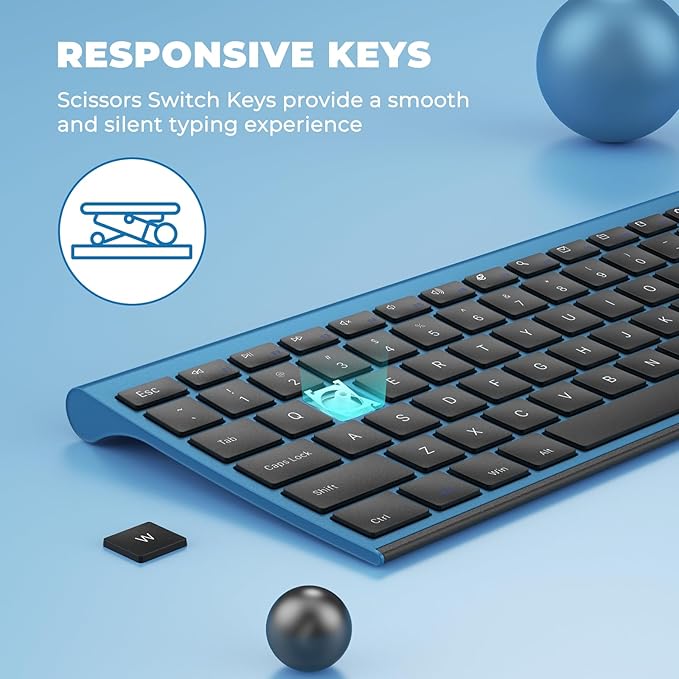 Wireless Keyboard and Mouse, Vssoplor 2.4GHz Rechargeable Quiet Full-Size Keyboard and Mouse Combo with Nano USB Receiver for Windows, Laptop, PC, Notebook-Black and Blue