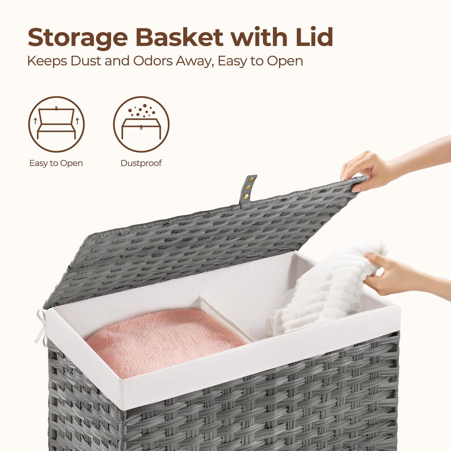 GREENSTELL Storage Basket with Lid, 17.2 Gallon(65L) Small Wicker Blanket Storage Basket with Handles, Foldable, 2 Removable Liner Bags, Metal Frame, for Bedroom, Laundry Room, Grey, 22.2"*13.4"*13.4"