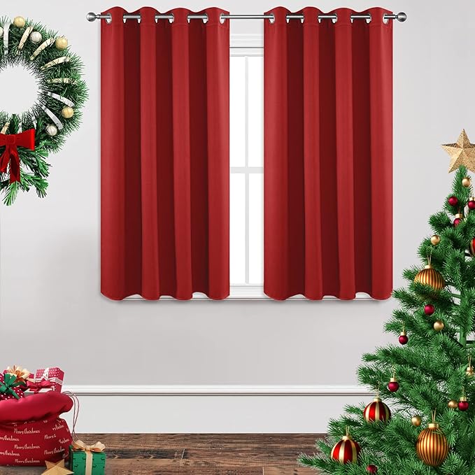 Joydeco Blackout Curtains 45 Inch Length 2 Panels Set, Thermal Insulated Long Curtains& Drapes 2 Burg, Room Darkening Grommet Drapes for Living Room Bedroom Window (W52 x L45 Inch, Red)