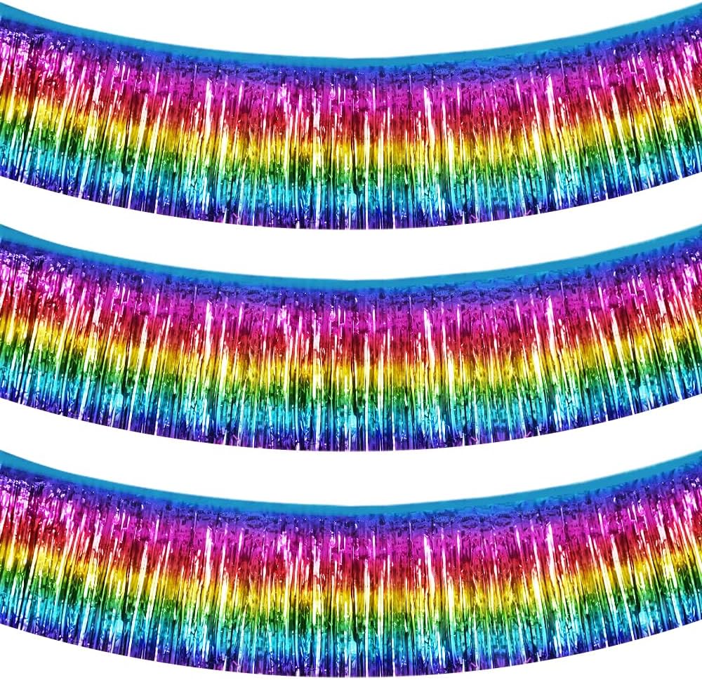 BEISHIDA 3 Packs Metallic Foil Fringe Garland Dark Rainbow Wall Hanging Tinsel Fringe Banners for Halloween Car Floats Bridal Shower Wedding Birthday Easter Graduation Holiday Party Decoration(30 Feet