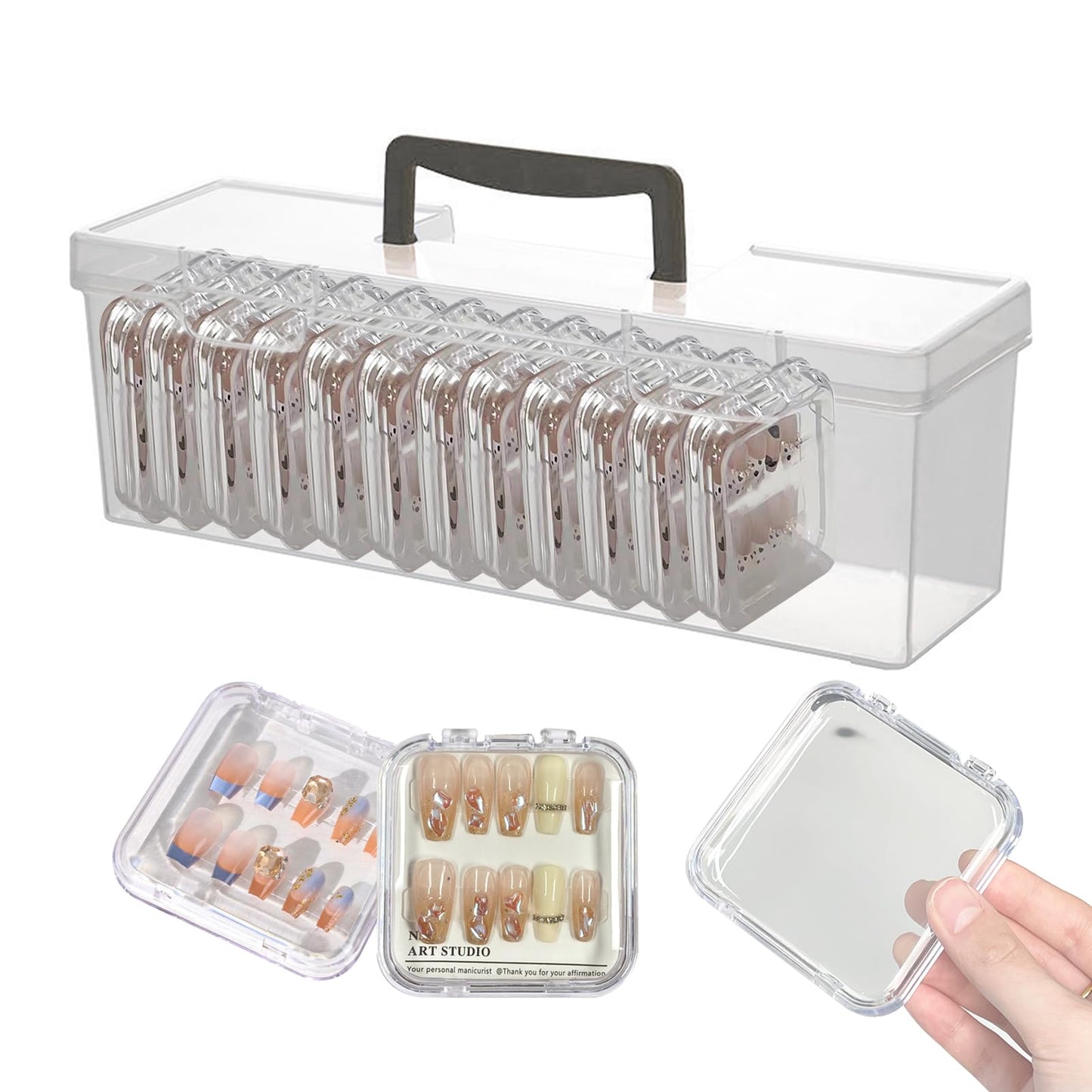 MiDube 16 PCS Acrylic Press On Nail Organizer with 1 Big Storage Box and Double Sided Tape, Clear False Nail Display & Packaging Case for Salon, Home Travel Use