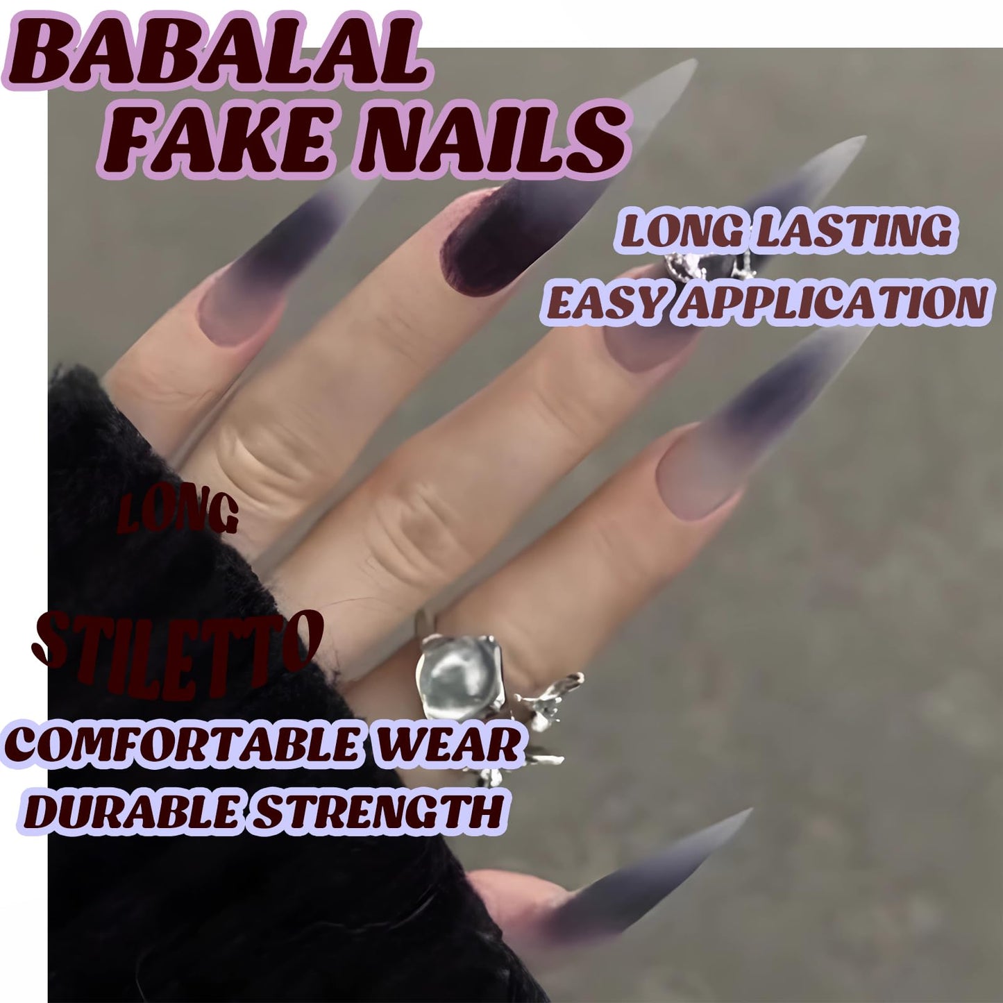 BABALAL Black Purple Ombre Press On Nails, Extra Long Stiletto Gothic Fake Nails with Silver Heart Charm, Matte Acrylic Full Cover Stick On Nails 24Pcs