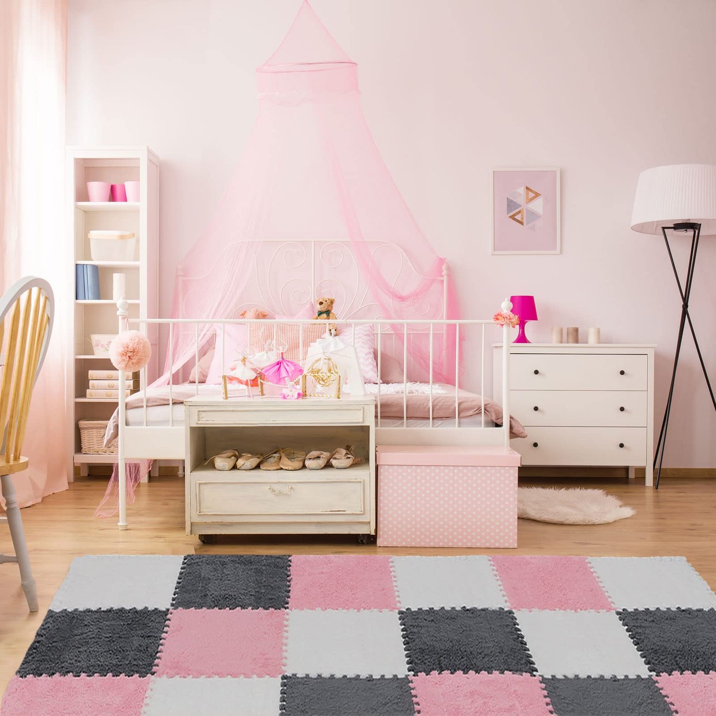 Amylove 18 Pcs Plush Foam Floor Mat Square Interlocking Carpet Tiles with Border Fluffy Play Mat Floor Tiles Soft Climbing Area Rugs for Home Playroom, 12 x 12 x 0.4 in(White, Pink, Gray)