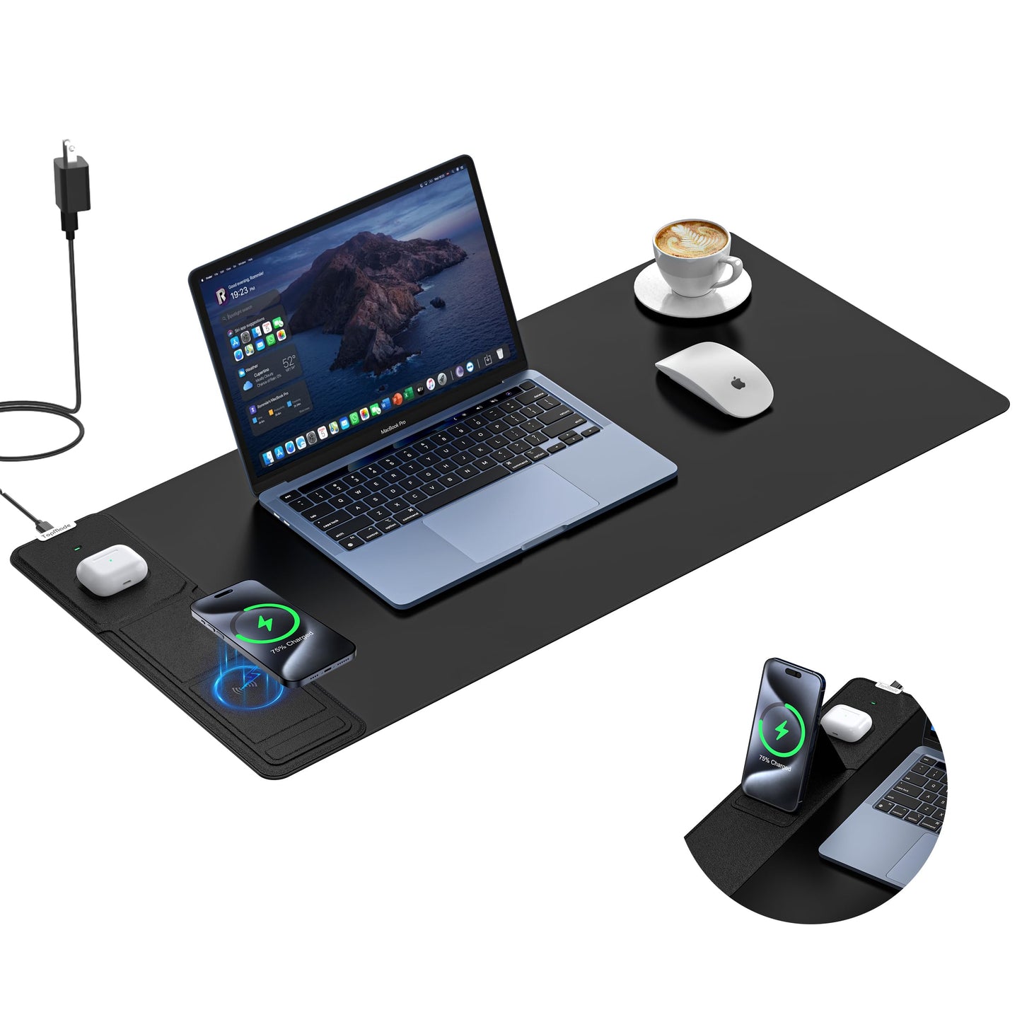 Wireless Charging Mouse Pad with Foldable Phone Holder, 31.5" x 15.8" XXL Large Desk Pad, Gaming Mousepad with Ultra-Smooth Surface, Non-Slip Base, Black Waterproof Desk Mat, with 20W PD Charging Kit