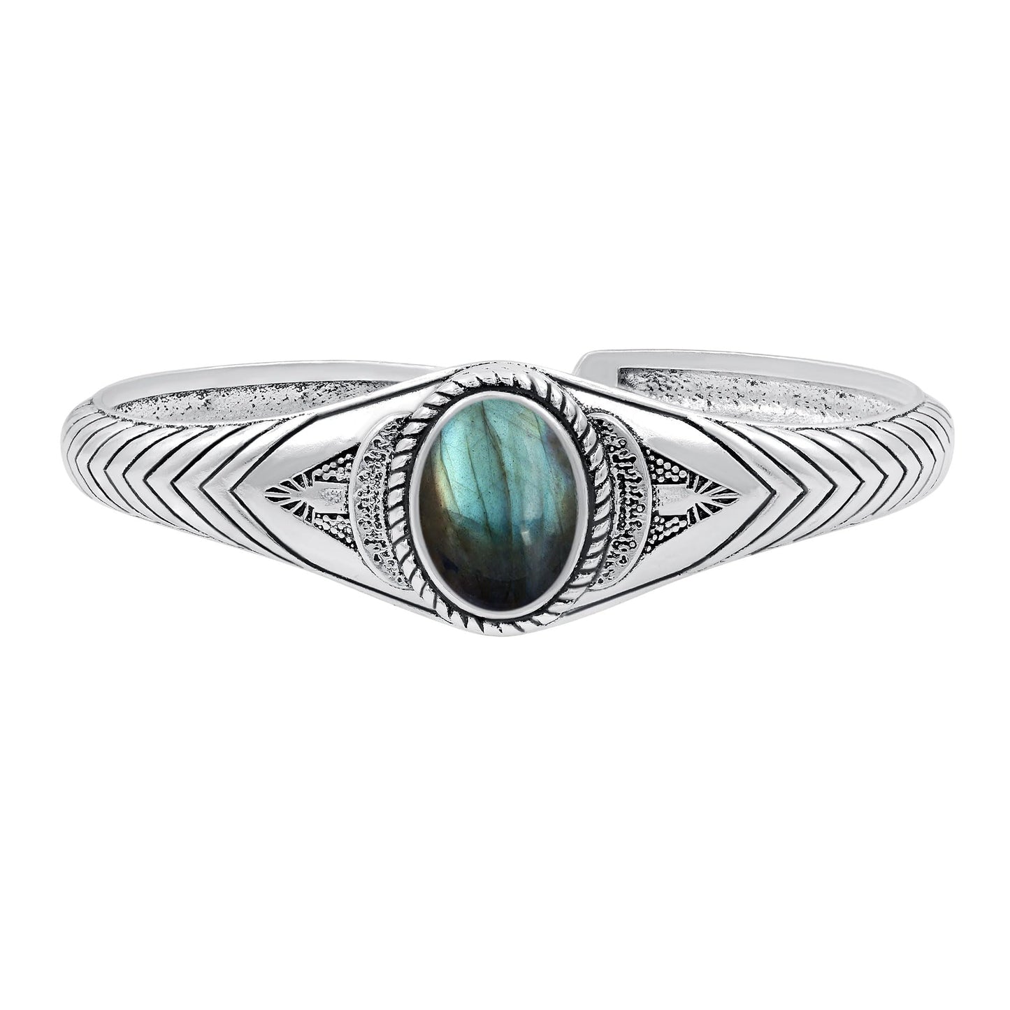 Labradorite Cuff Bangle Bracelet for Men Women – Handmade 925 Silver Plated Adjustable Boho Jewelry – Natural Gemstone Elegant Statement Bangle – Christmas Gift for Him Her