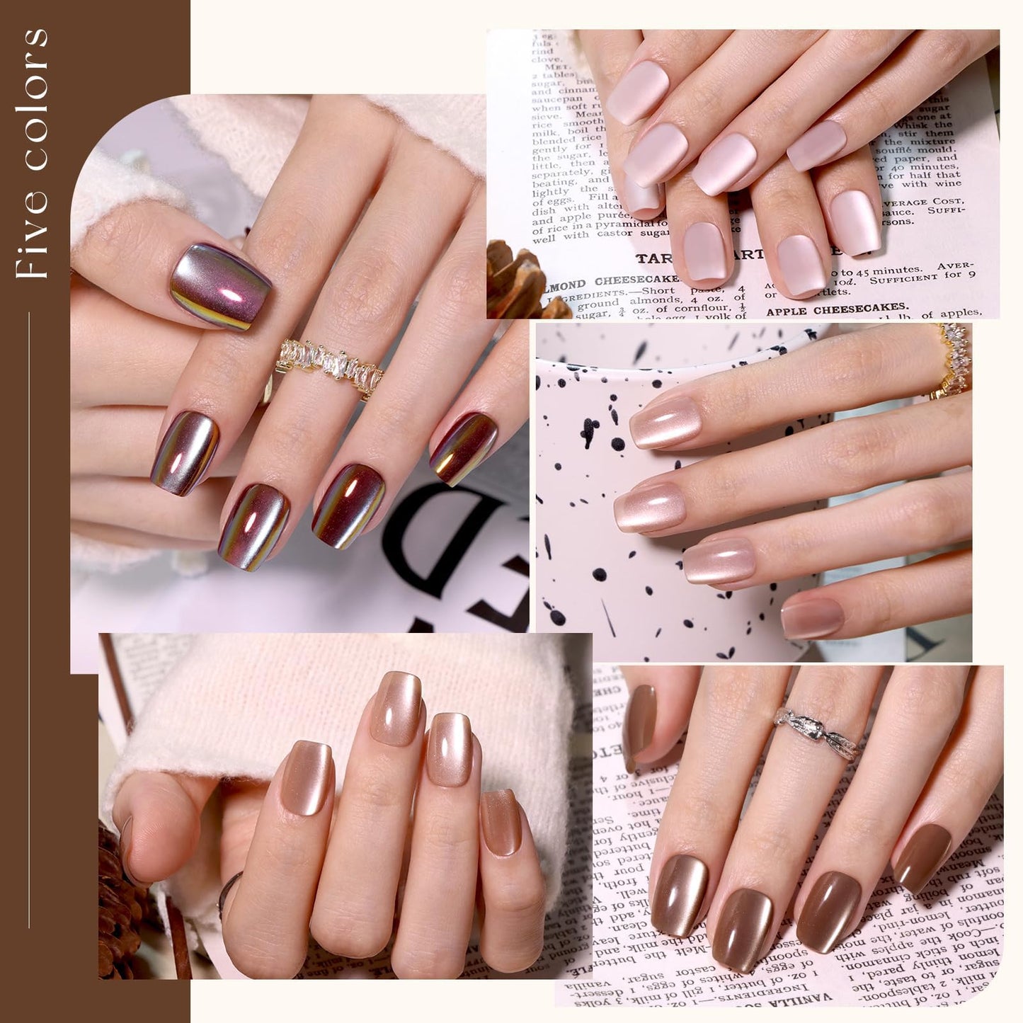 Brown Cat Eye Press on Nails Short Square,Glossy Glass Fake Nail Kit Neutral Nude Chocolate Brown False Nails Winter Fall Nails with Mirror Metallic Silver Nail Stickers,150pcs 15 Sizes