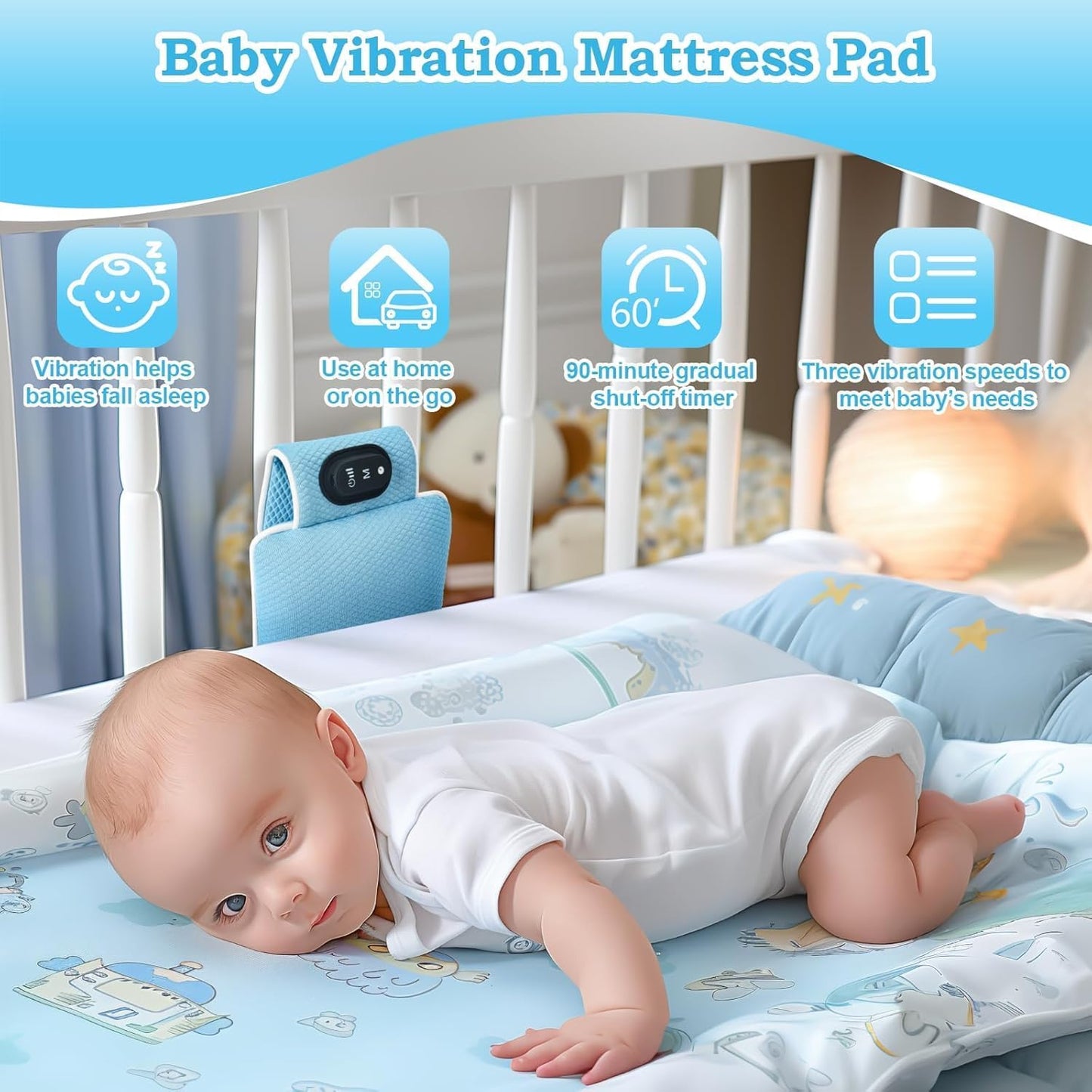 Baby Vibrating Sleep Soother, Baby Sleep Aid, Newborn Soothers for Help Sleeping, 3 Adjustable Vibration Modes, 90 Min Timer, Newborn Vibrations Mattress Pad for Home & Travel, Use for Crib & Stroller