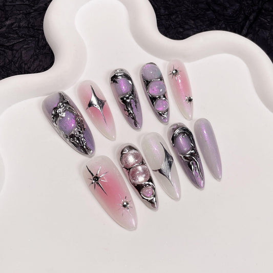 Wsliana Handmade Press On Nails - 3D Charm Y2K Design, Long Almond Shape, 10pcs Glue On Acrylic Fake Nails with Storage Box | Salon Quality | Trendy Nail Kit (074, M)