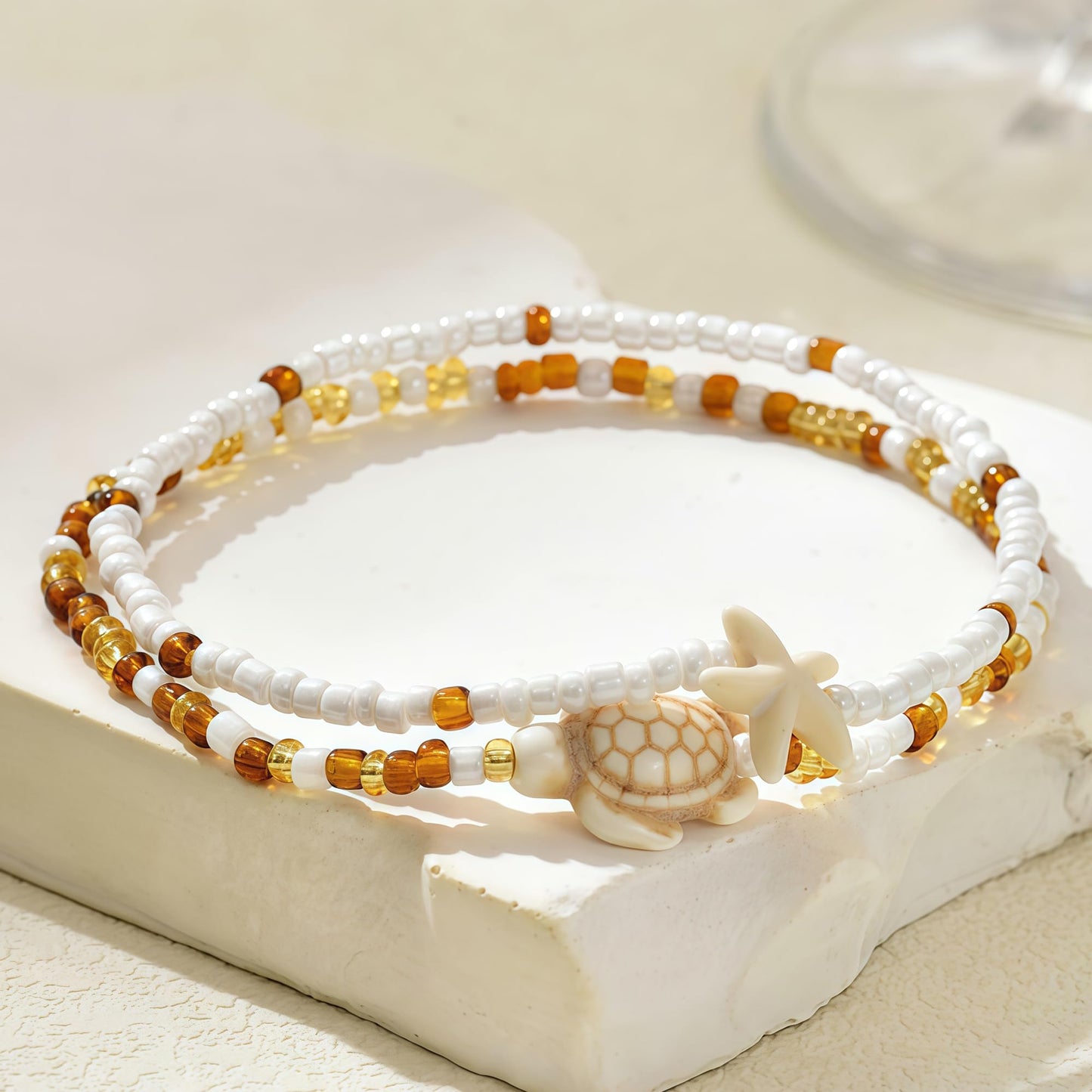 Qceasiy Shell Ankle Bracelet Set for Women, Boho Plated Bead Adjustable Anklet, Hawaiian Beach Seashell Pearl Heart Starfish Conch Foot Jewelry Gifts (Turtle 2Pcs)