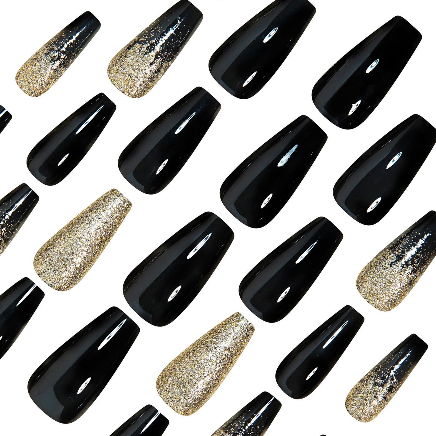 IMSOHOT Golden Glitter Press on Nails Long Coffin Fake Nails Black Glossy Glue on Nails Full Cover Acrylic False Nails with Sparkly Gradient Designs 24Pcs