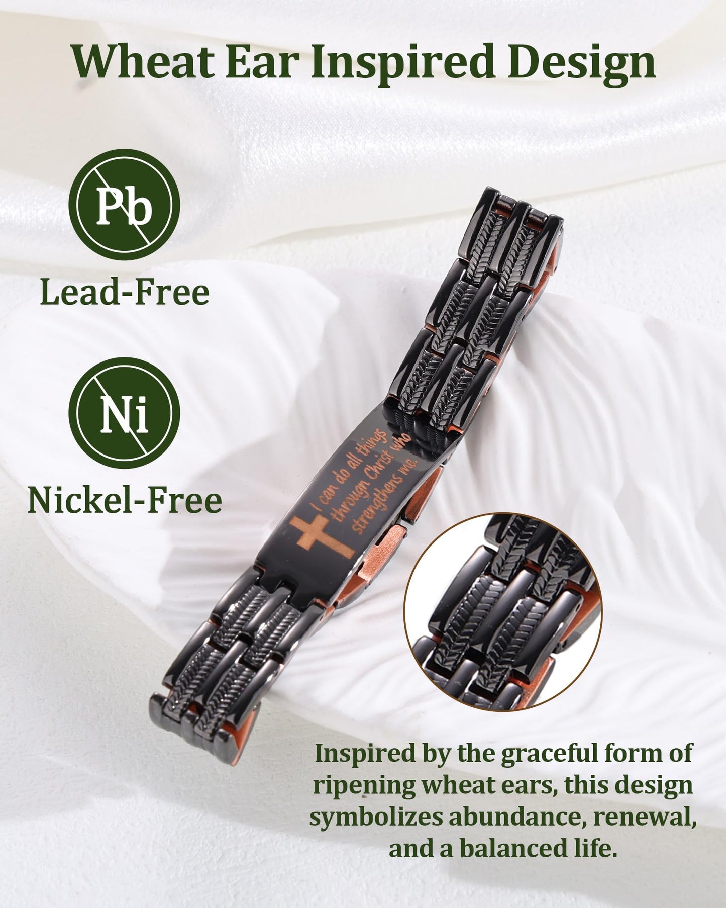 Fashtour Copper Cross Bracelet for Men, Ultra Strength Magnetic Jewelry, Rice-Ear Design Adjustable Copper Biblical Cross Bracelet with Sizing Tool & Box (Black-Philip 4:13)