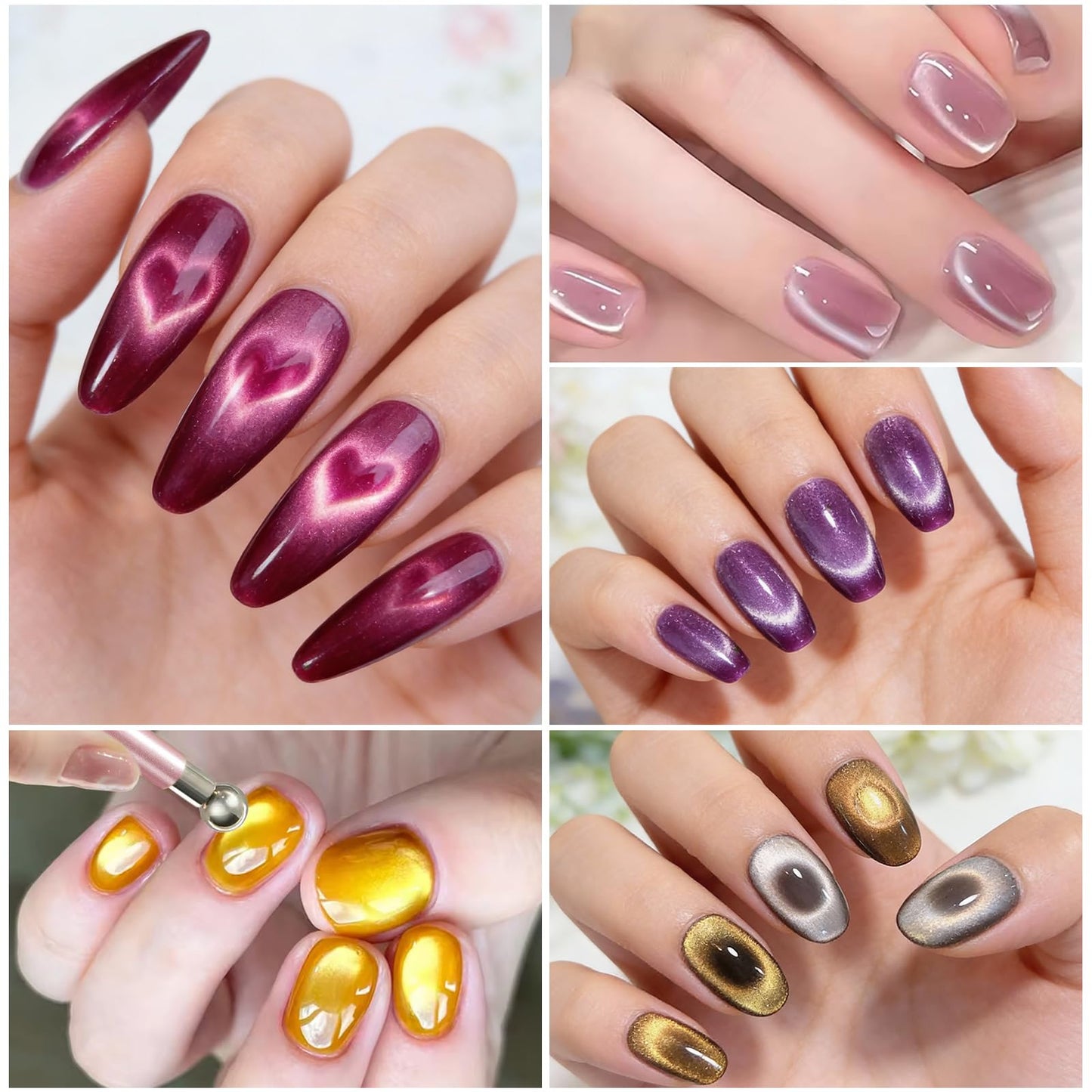 YECIRALA 2 Pcs Nail Art Cat Eye Magnets with Y&O-Shaped And Bunny Molds For Nails, 3 In 1 Versatile And Cylinder Nail Magnet Tools For Cat Eye Gel Polish Magnets, Heart, Lines & Hole Cateye Magnets