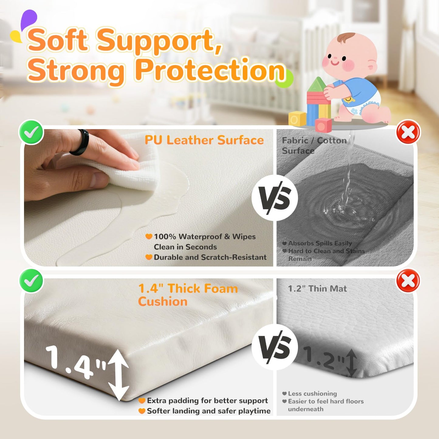 Baby Play Mat for Floor– 1.2" Thick, Foldable, Waterproof, 50×50 Playpen Mat, Non-Toxic, Easy to Clean, Thickened Foam Cushioned, Perfect for Tummy Time & Crawling, Babies & Toddlers