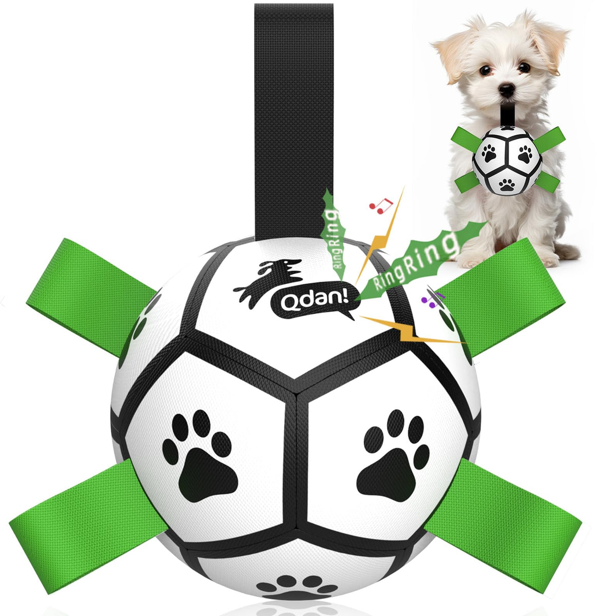 QDAN Dog Toys Balls with Bell Inside, Squeaky Dog Balls for Tug of War, Puppy Birthday Gifts, Dog Water Toys, Ball for Small Dogs(Black Green, 5 inch)