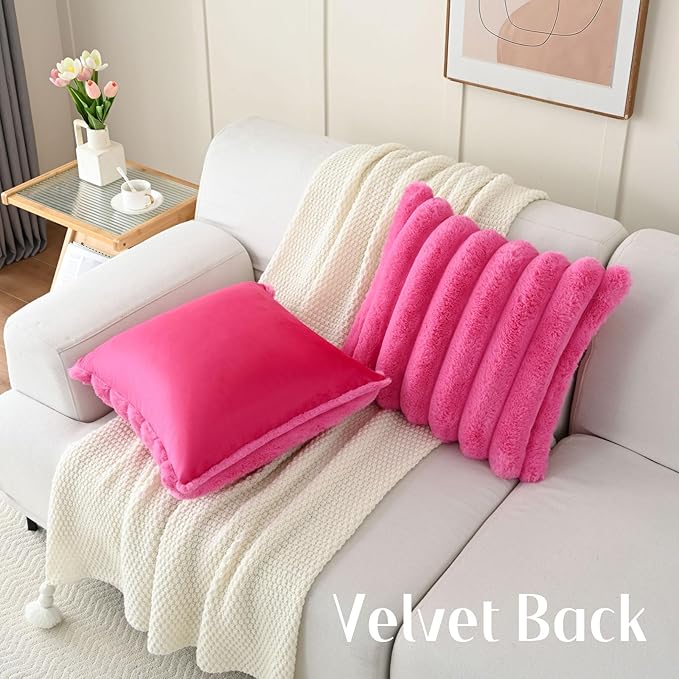 FUTEI Hot Pink Decorative Throw Pillow Covers 22x22 Inch Set of 2, Square Soft Faux Rabbit Fur Thick Striped Cushion Cover,Winter Home Decor for Couch Bed Living Room