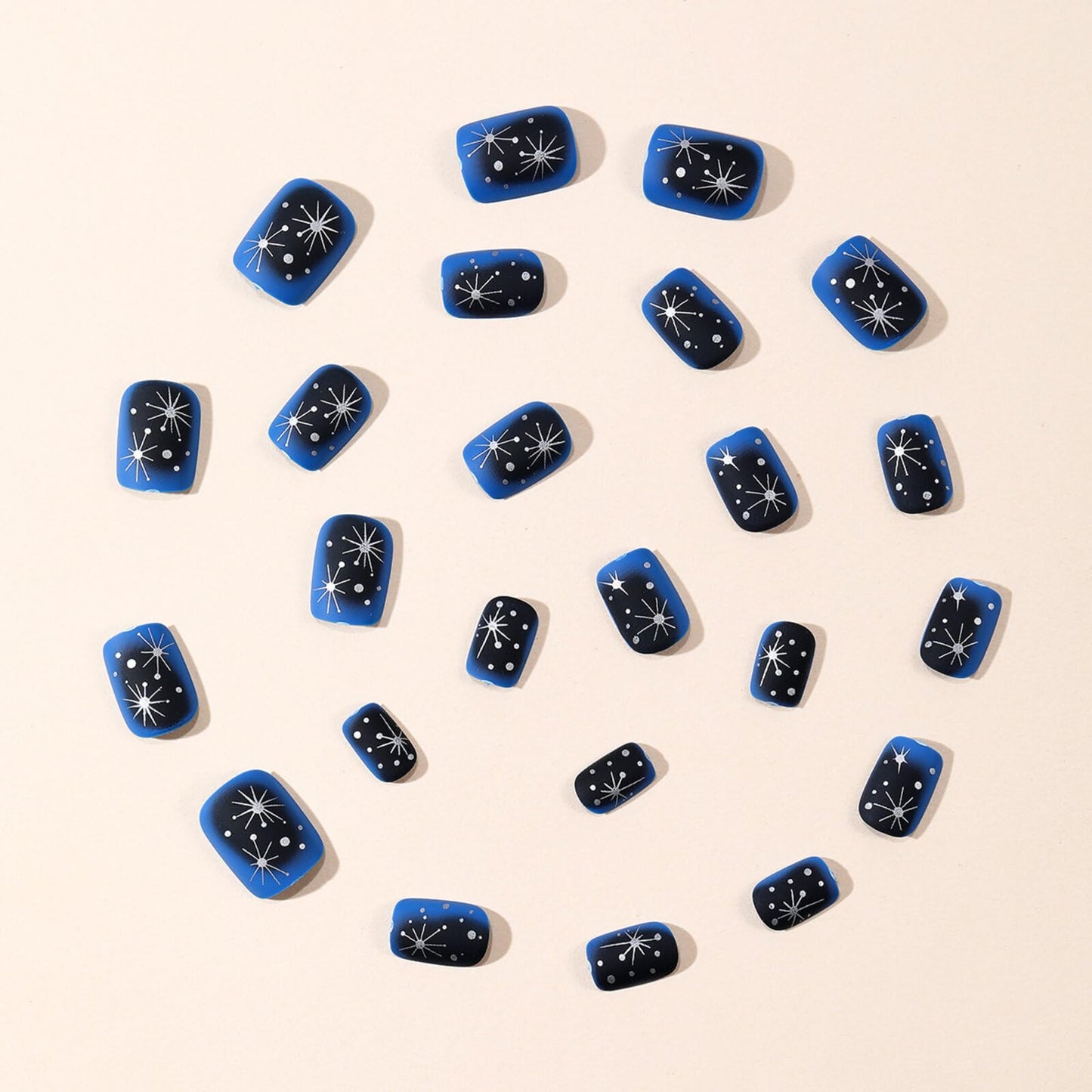 Short Square Press on Nails Deep Navy Matte Base Silver Starburst Accents Delicate Rhinestone Details Smooth Manicure Stick on NailsSuitable for Elegant Unique Stylish Artificial Nails Charming 24 pcs