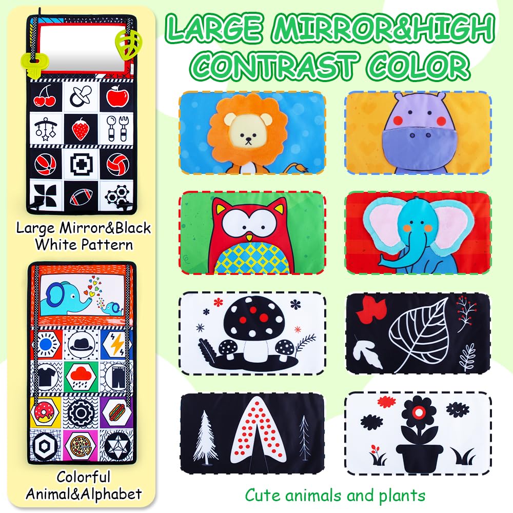 Tummy Time Sensory Toy Infant Toys Newborn High Contrast Development Toy with Crinkle Cloth Book & Teethers Strengthens Neck & Core, 2 3 4 5 0-6 Month Montessori Crawling & Visual Stimulation Toys