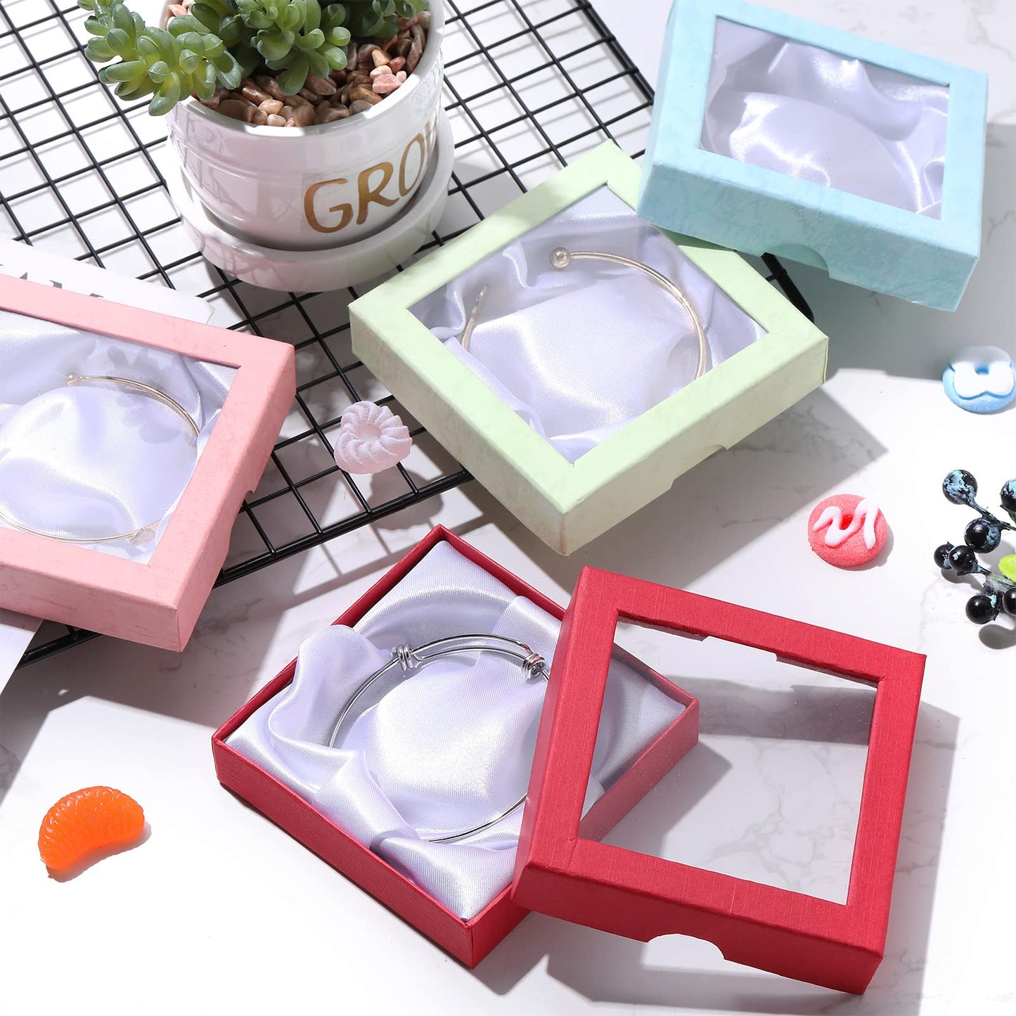 Tuanse 24 Pcs Jewelry Gift Boxes 3.5 x 3.5 x 0.8 inch Square Cardboard Jewelry Gift Boxes with clear Lids Small Gift Boxes Bulk for Ring Necklace Bracelet Earrings Display(Colorful)