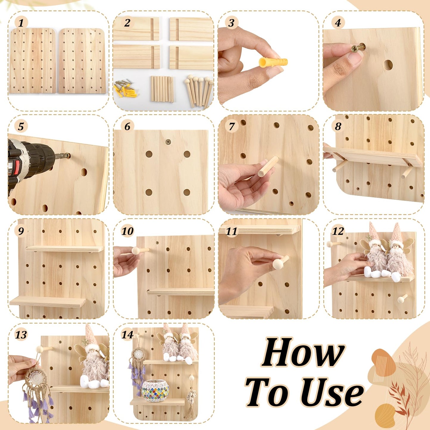 GLASSWINDS Wood Pegboard Wall Organizer Combination Kit, 2 Office Peg Board Panels with 18 Accessories, Modular Display DlY Storage Crafts Organization Wall Hooks Shelf for Bedroom Study Home