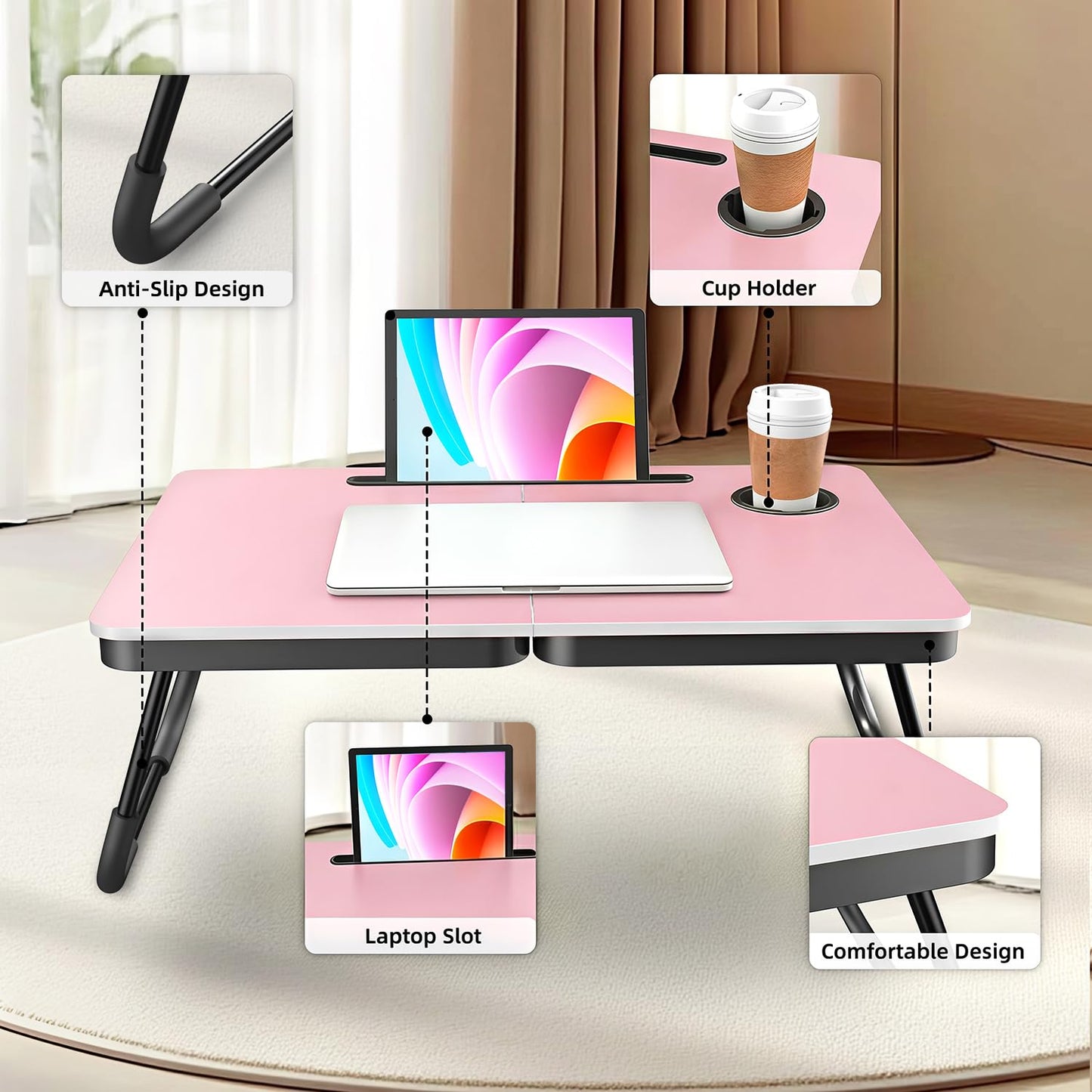 BUYIFY Portable Foldable Laptop Desk for Bed and Couch, Adjustable Lap Desk with Cup Holder and Phone Holder, Ideal for Working, Reading, Writing, and Breakfast (Pink) - SDC1