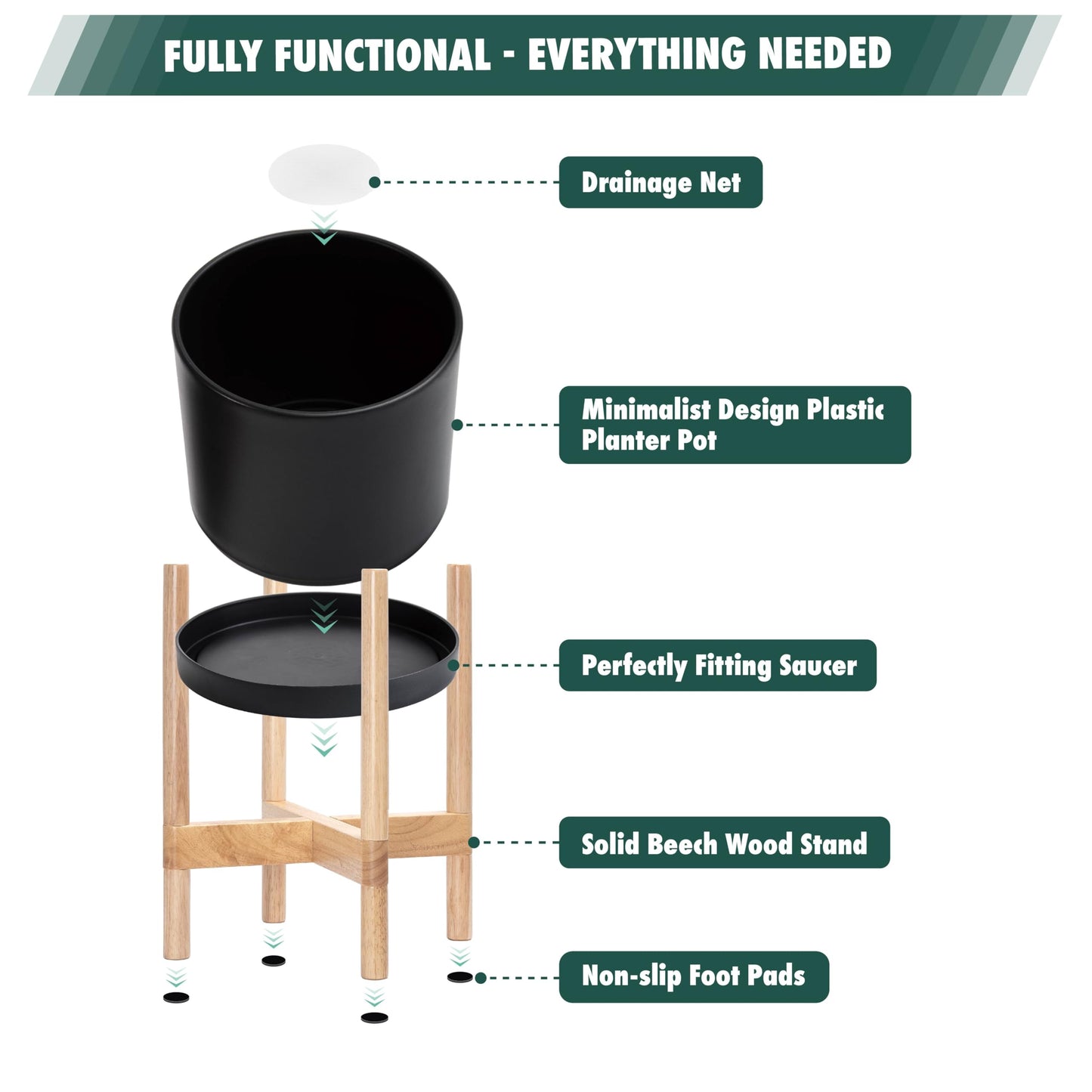 D'vine Dev Planter Pot with Stand - 8 Inch Plastic Cylinder Flower Pot with Wood Planter Holder for Indoor, Matte Black Pot + Natural Stand, 55-C-J-2