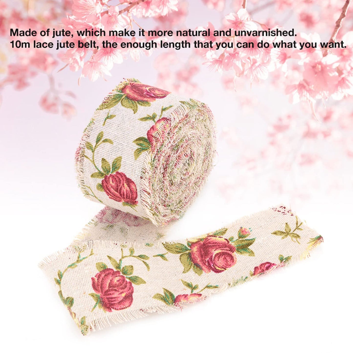 Burlap Ribbon, 32.8ft Long x 2.0in Wide Rose Printed Burlap Ribbon Hessian Jute Strap for Wedding Decorations, Handmade Crafts, Home Accessories, Party Supplies