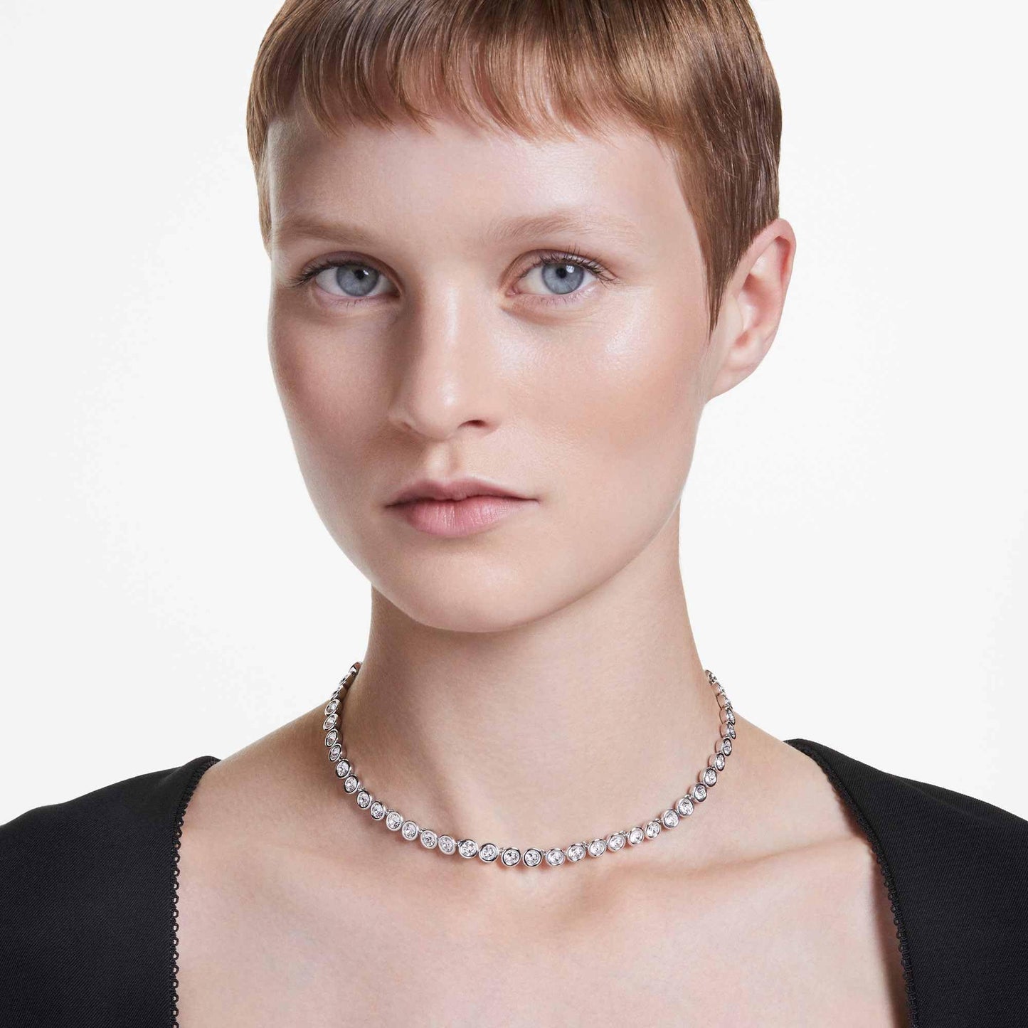 Swarovski Imber Tennis Necklace, All-Around Strand with Clear Round-Cut Crystals in a Rhodium-Finished Setting, Part of the Imber Collection