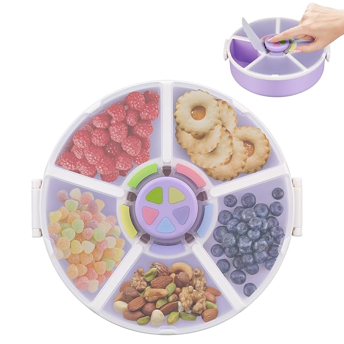 Snack Rotator Container Reusable Snack Box with 5 Compartment Dispenser and Lid, Color Matching Opening Lid, BPA and PVC Free, for Home, School, Travel (1 Pack- Purple)