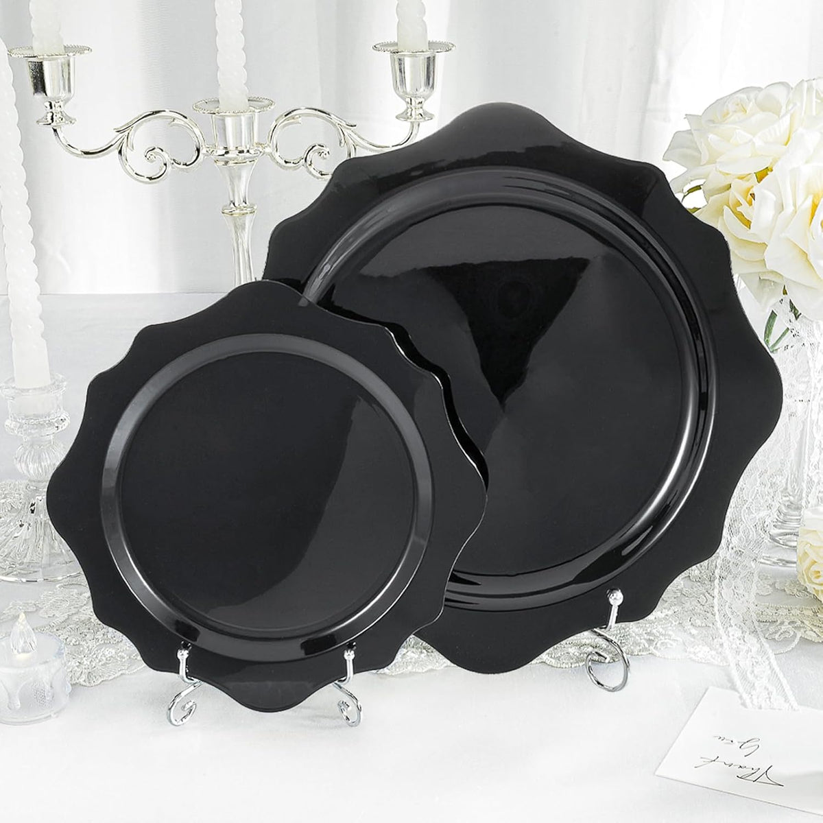 100 PCS Black Disposable Plates for 50 Guests, Scalloped Plastic Plates Include 50 Dinner Plates and 50 Dessert Plates for Party, Wedding, Graduation and Father's Day