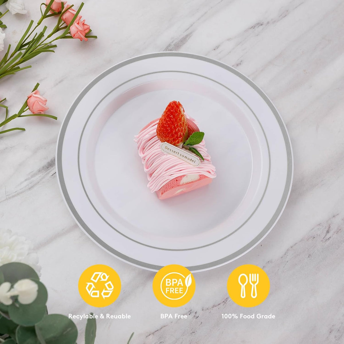 Goodluck 200PCS Silver Plastic Plates, Heavy Duty Disposable Gold Plates with 100 10.25 inch Dinner Plates and 100 7.5 inch Dessert Plates, Disposable Plates for Party, Holiday, Wedding, Christmas