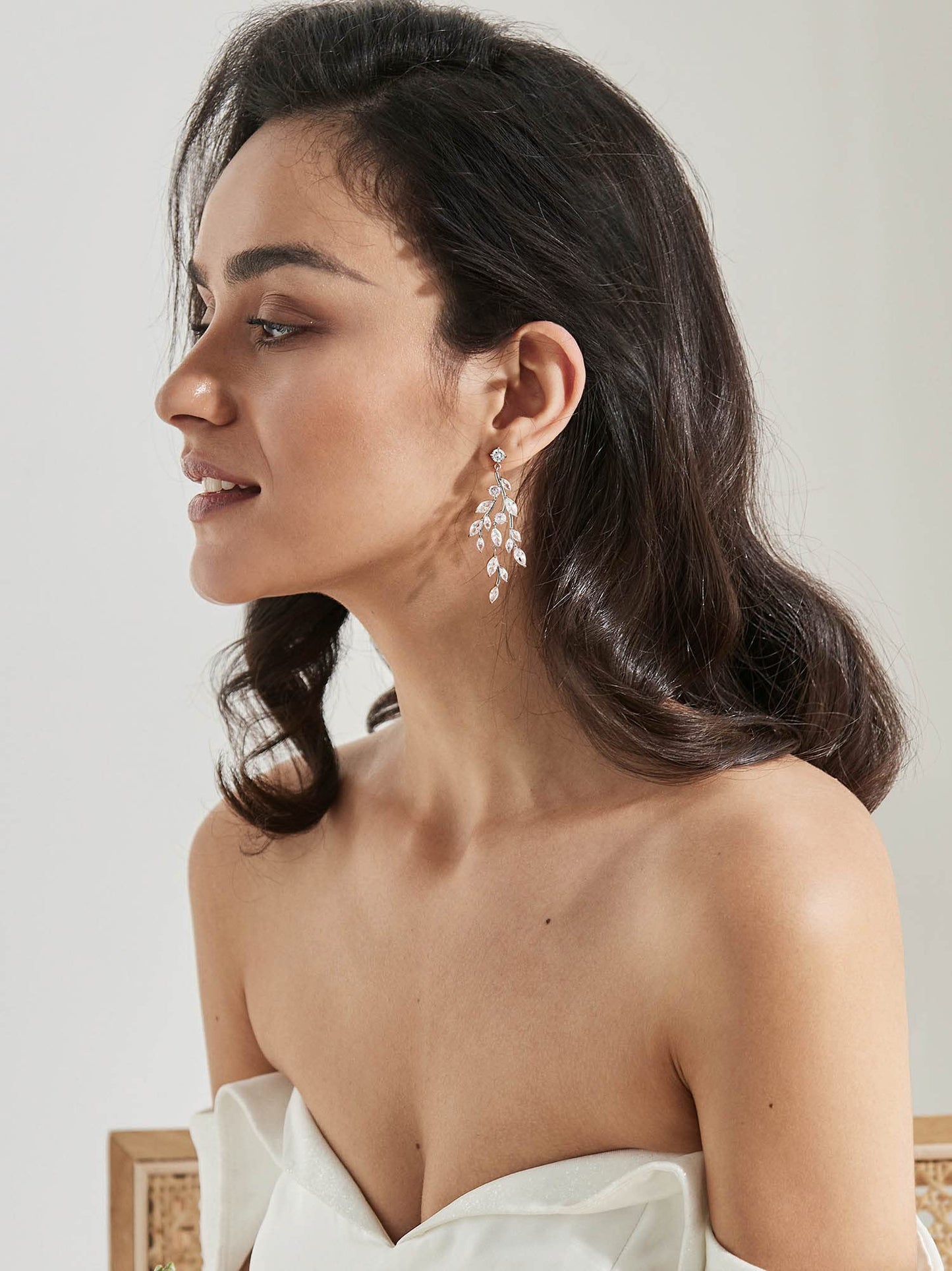 SWEETV Leaf Bridal Drop Earrings - Silver Cubic Zirconia Dangling Earrings for Brides, Bridesmaids, Prom, Formal Party, Style2
