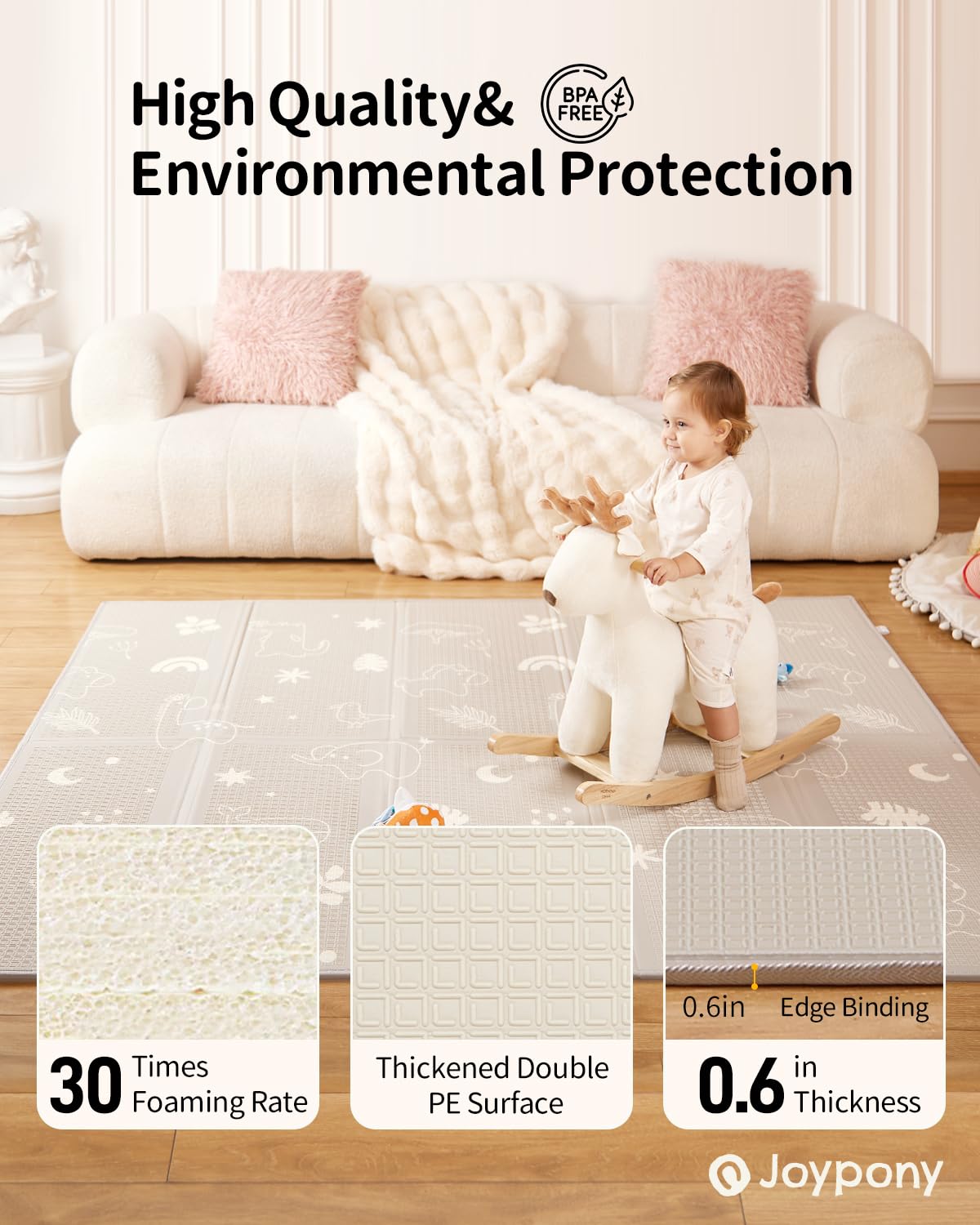 Joypony Baby Play Mat, 79" X 71" X 0.6" Extra Large & Thick Reversible Foldable Play Mats for Babies and Toddlers, Anti-Slip Portable Foam Floor Mat for Tummy Time with Travel Bag