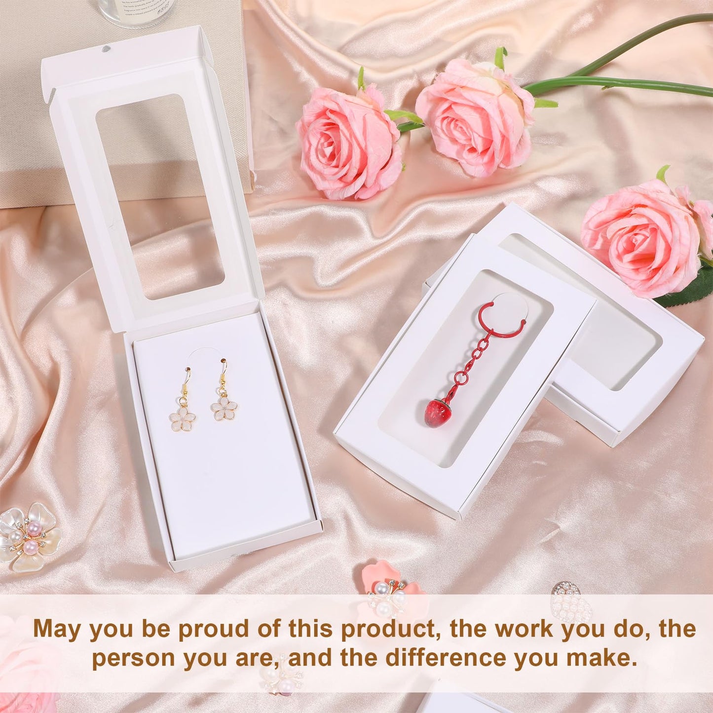 HANLANXUE 100 Pack Mini Jewelry Packaging Boxes with Clear Windows, 5.4"x3.4"x0.7" Paper Necklace Gift Box with Sticker Small Gift Boxes Bulk for Displaying Necklaces Rings Bracelets Earrings (White)