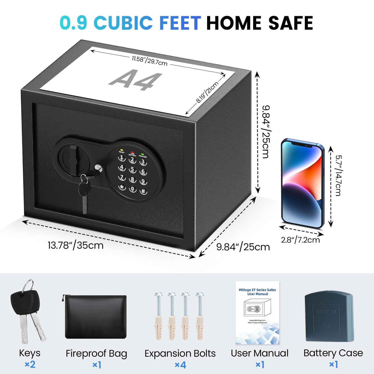 Mitlvge 0.9 Cuft Small Safe Box, Money Safe with Removable Shelf, Fireproof Waterproof Bag and Programmable Keypad, Home Safe with Smart Alert and Wall Mount Kits for Money, Jewelry and Documents