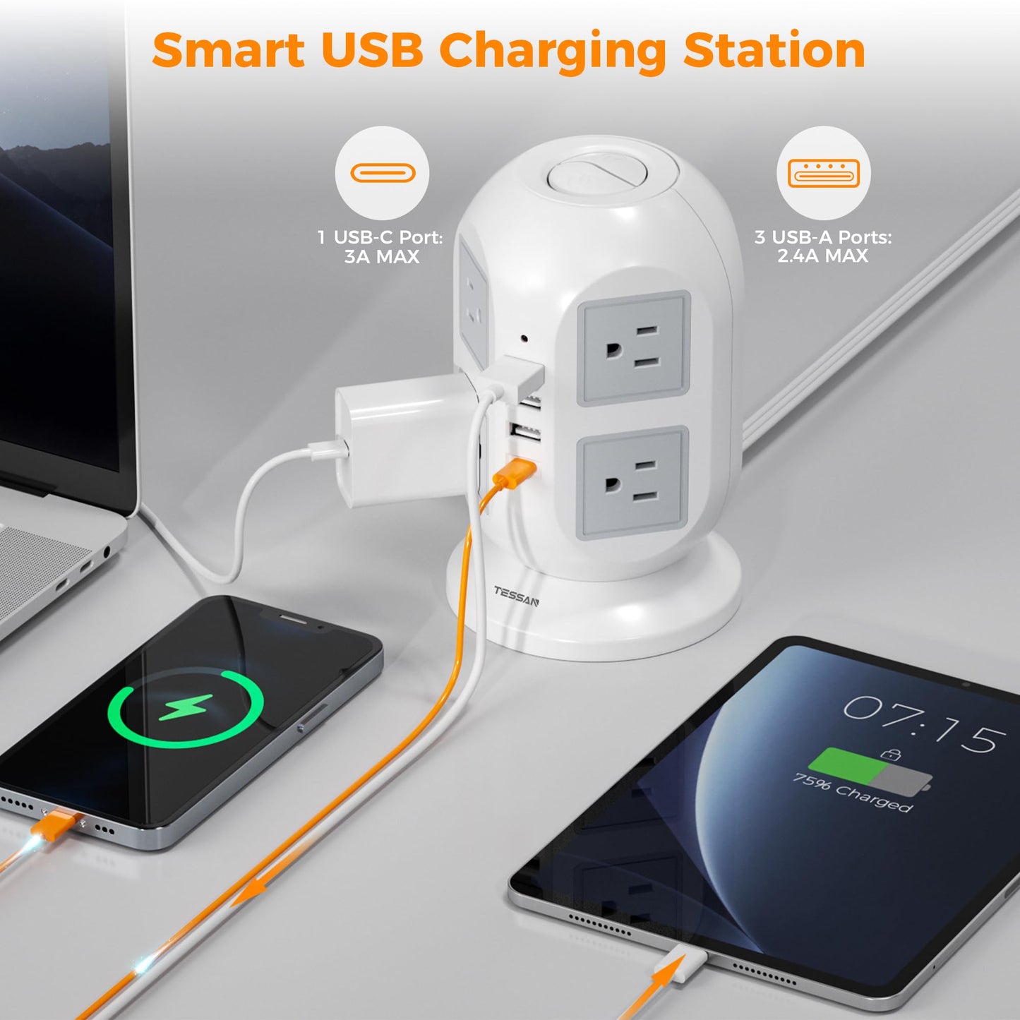 TESSAN 10FT Tower Power Strip with 5FT Ultra Thin Extension Cord Power Strip Bundle, Multiple AC Outlets and USB Ports with Surge Protection, Home Office Dorm Essentials