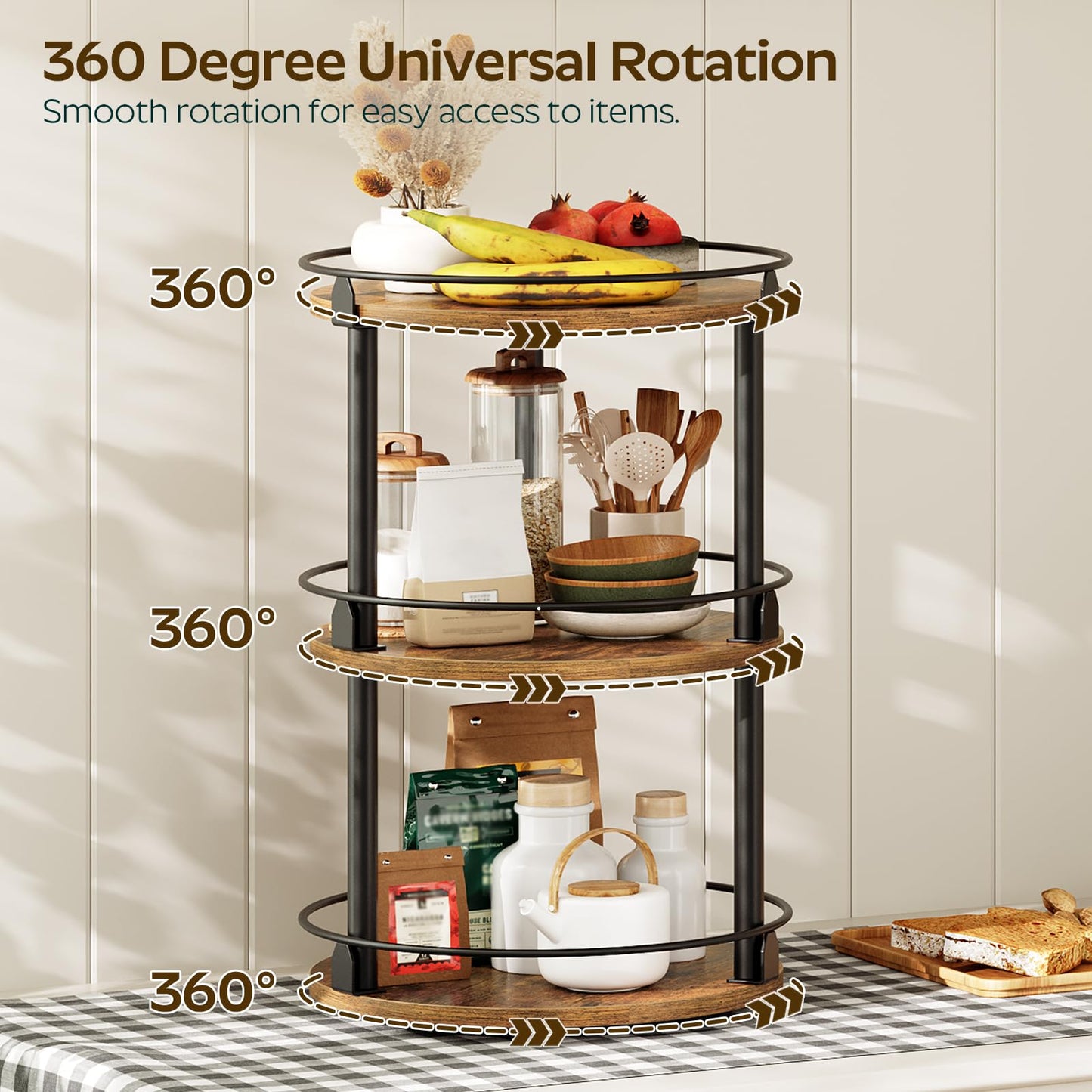 YATINEY Spice Rack, Set of 2 Lazy Susan Organizer, 3-Tier Turntable Organizer For Cabinet, Compact and Versatile, for Kitchen Countertop, Rustic Brown SR23L2BR