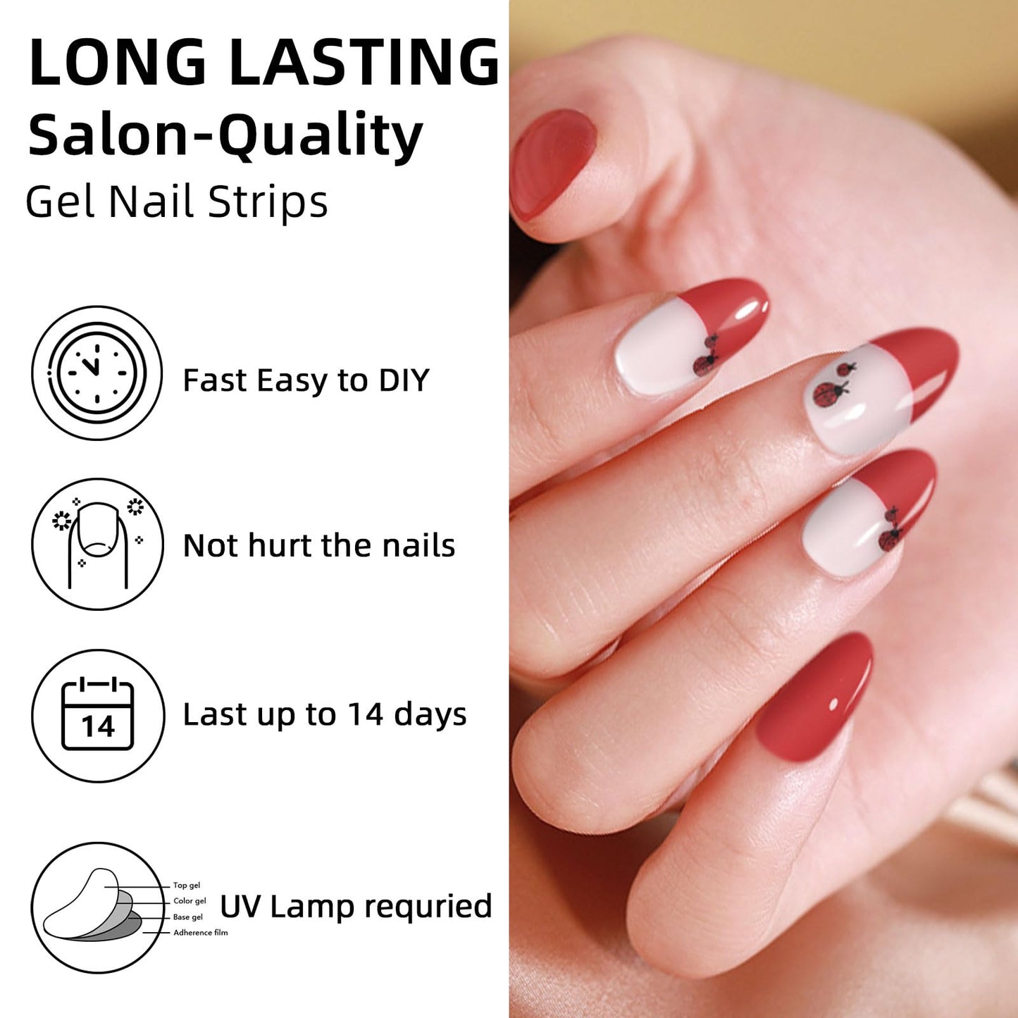 Semi Cured Gel Nail Strips,28 Pcs French Nail Stickers Full Wraps, Polish Stickers Stick On Nails,UV Lamp Cure,Easy to Apply(French red)