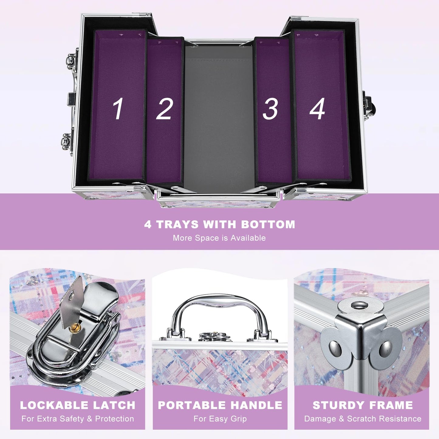 FRENESSA Makeup Train Case 8.85 Inch Portable Makeup Case Organizer Cosmetic Box Make Up Box Makeup Organizer Cosmetic Storage Cases with Locking Nail Kit Organizer Small Travel Case Pink Plaid